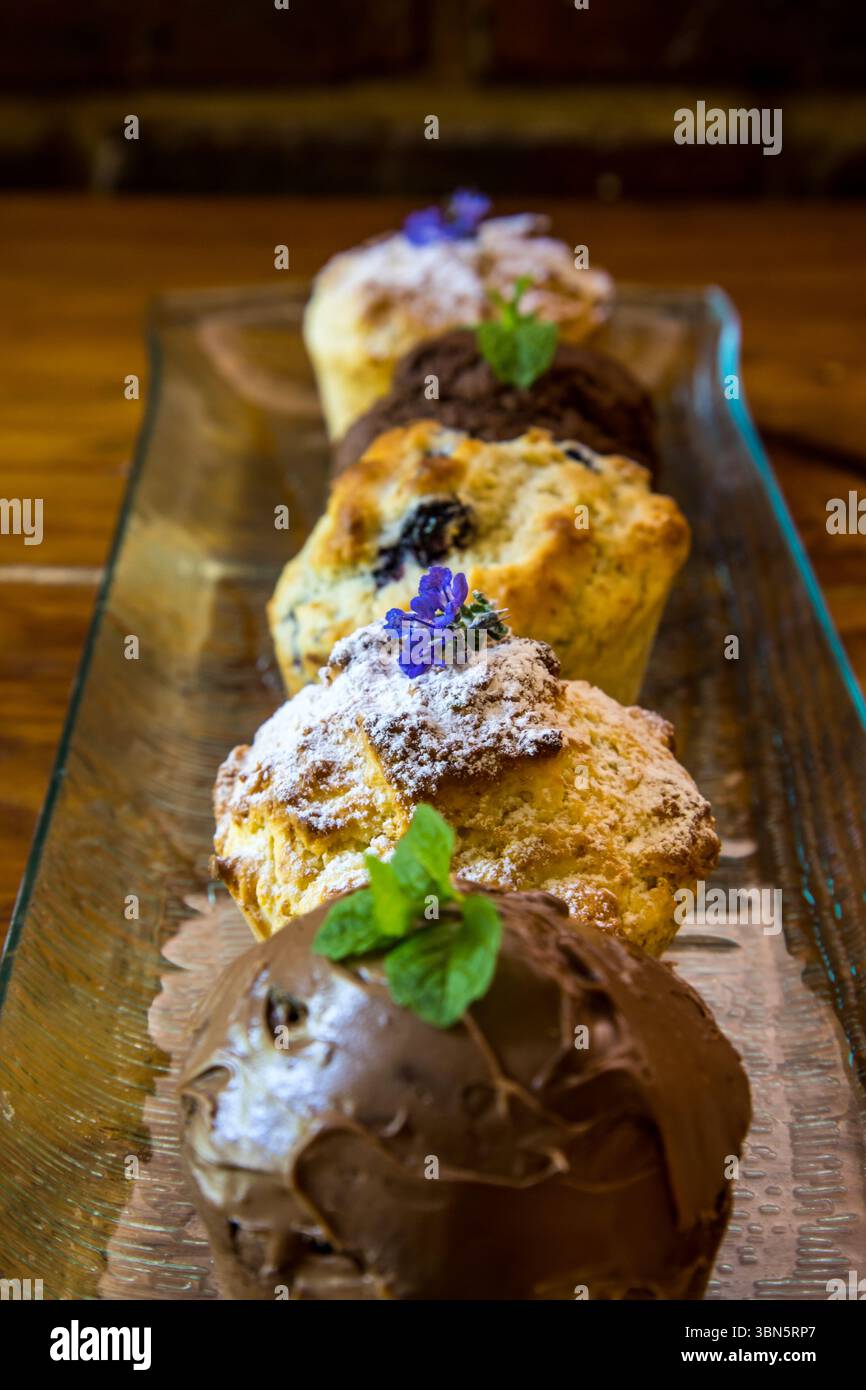 Une variété de muffins sucrés différents sur une plaque de verre allongée Banque D'Images