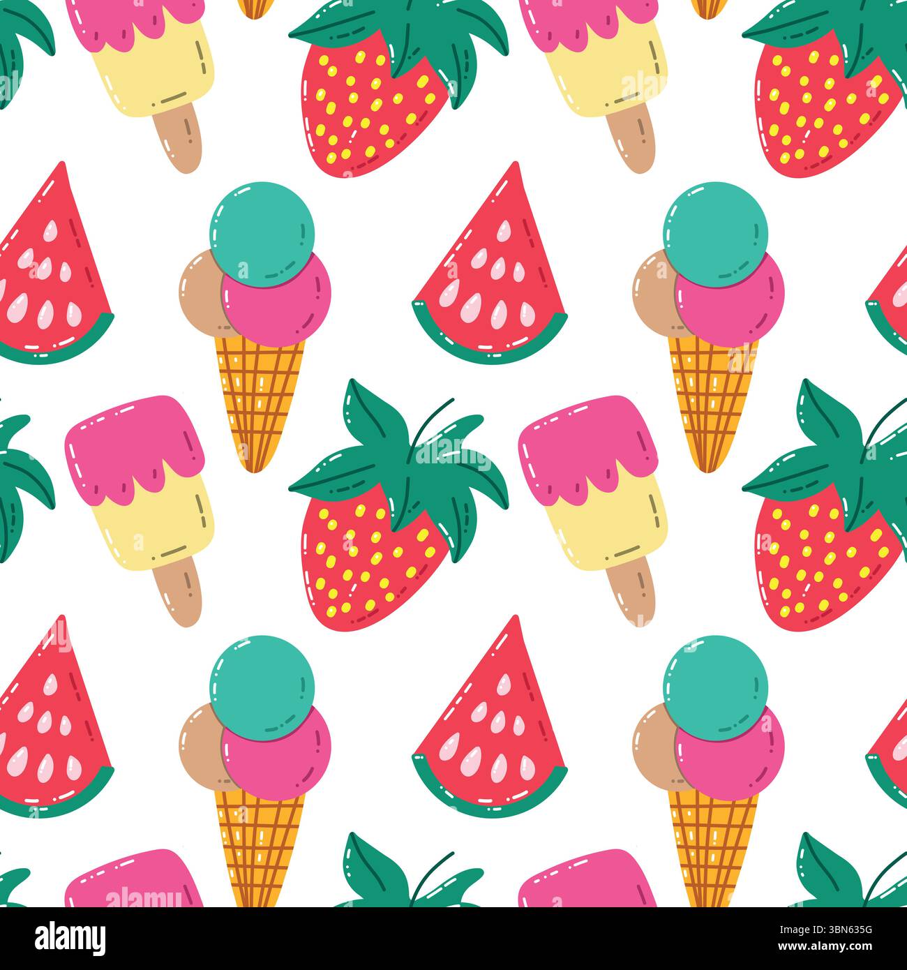 Motif coloré de crèmes glacées, fraises et pastèques dans le style vectoriel Illustration de Vecteur