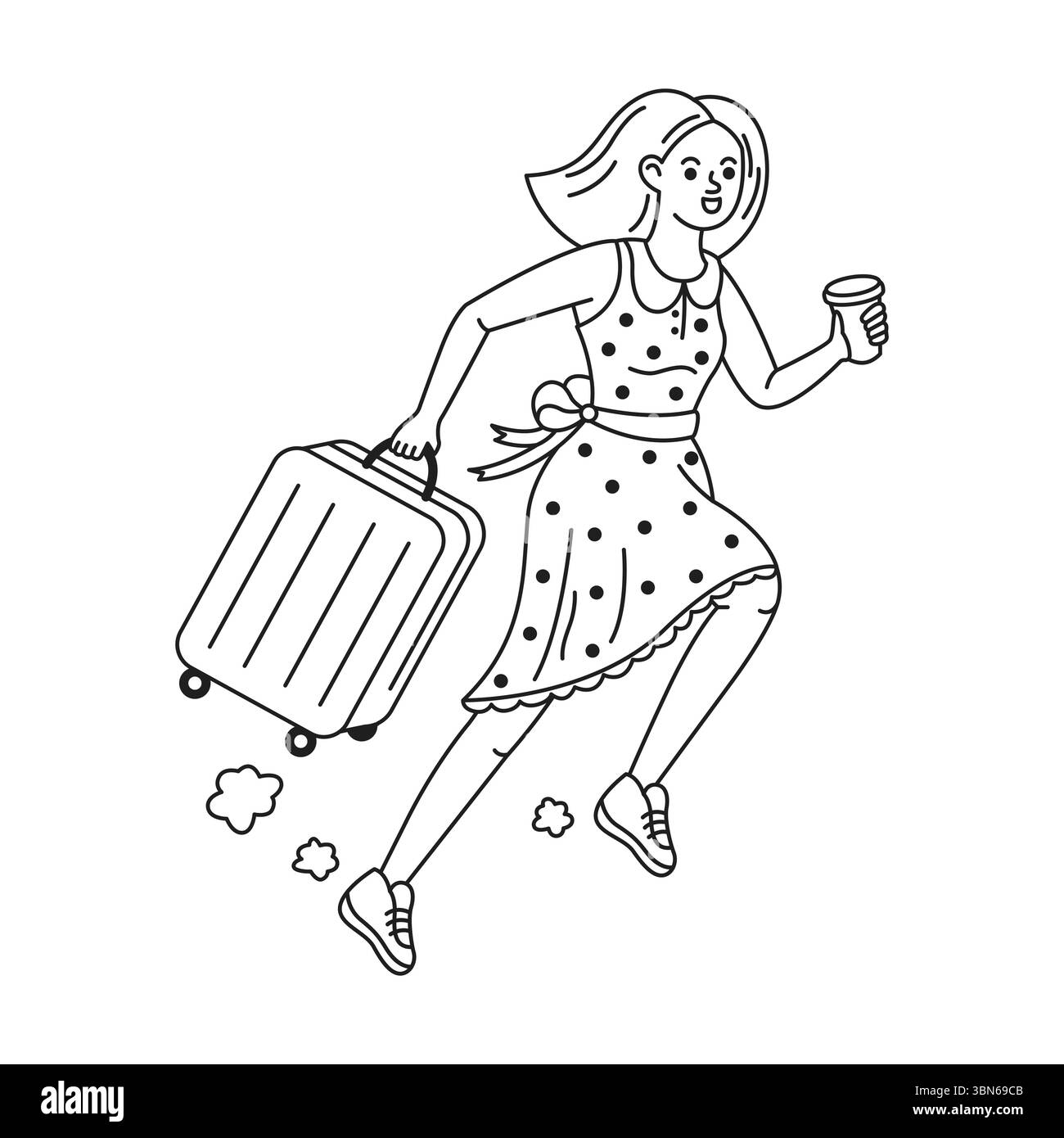 Illustration d'une femme courant avec une valise et un café. Vêtue d'une robe à pois et de baskets, elle apparaît pressée. Ligne noire et blanche dr. Illustration de Vecteur