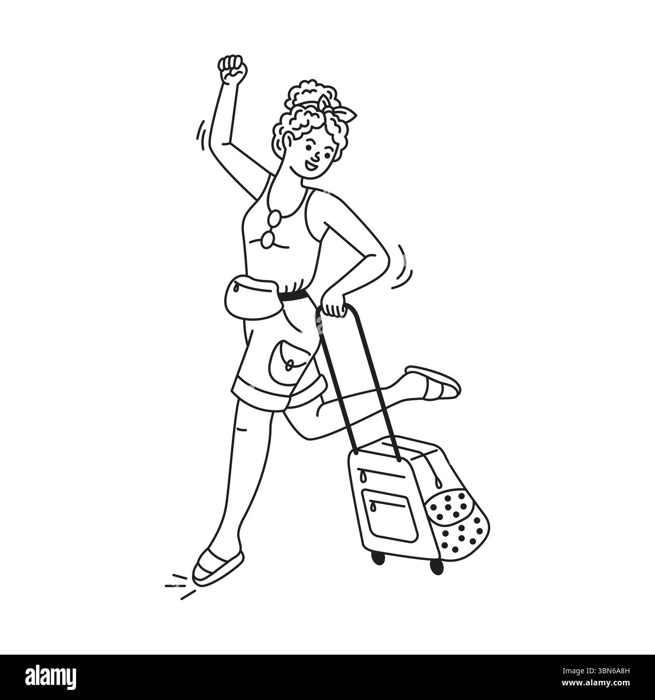 Illustration d'art au trait d'une femme joyeuse avec les cheveux bouclés tirant une valise. Sauter avec joie et excitation. Habillé de façon décontractée avec un sac banane, on Illustration de Vecteur