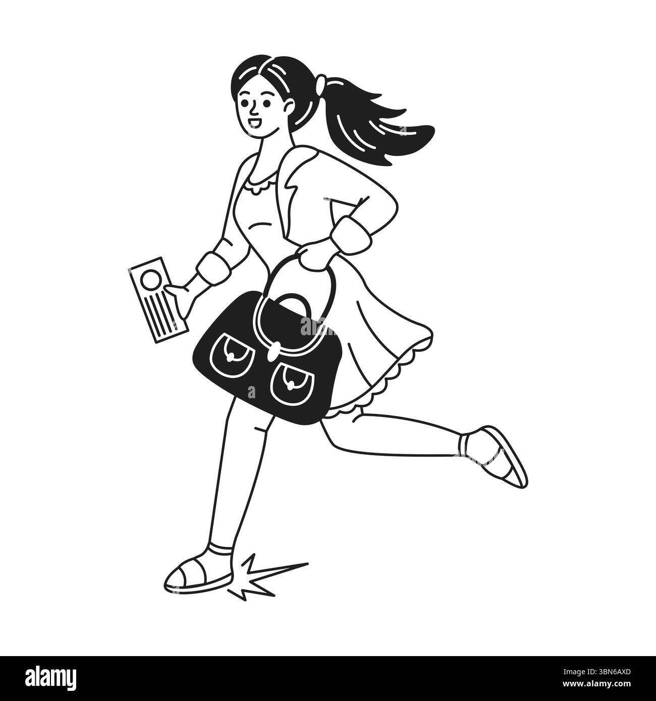 Jeune femme pressée avec un sac et des documents. Énergique et motivé. Illustration en noir et blanc. Capture le mouvement dynamique et la détermination. Illustration de Vecteur