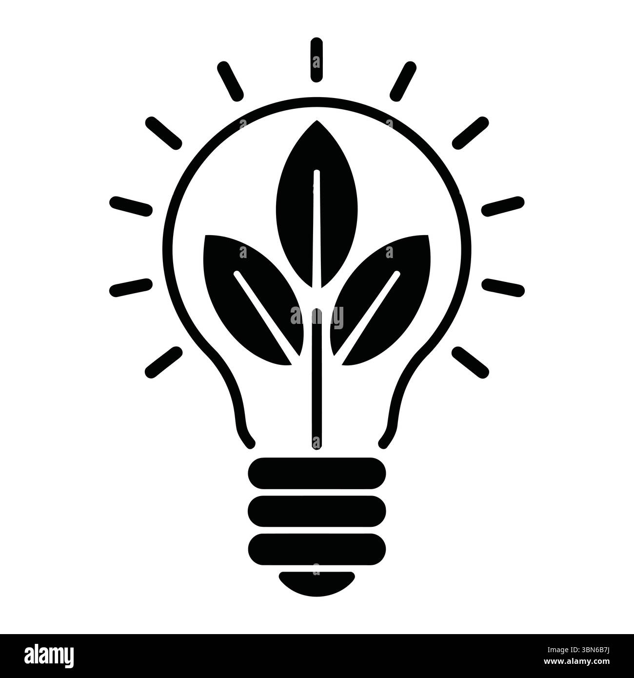 Icône d'ampoule écologique représentant l'énergie durable. Icône simple, noire et blanche d'une ampoule avec trois feuilles qui poussent de son centre. Illustration de Vecteur