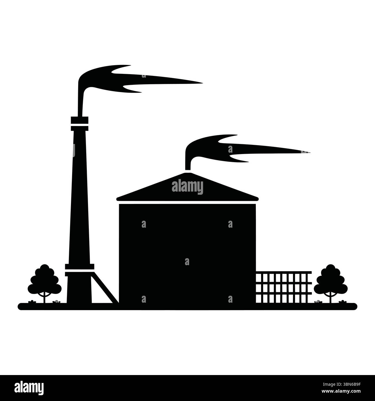 Silhouette simple en noir et blanc d'une installation industrielle. Silhouette stylisée et noire d'une usine industrielle avec un grand smokestack et un bâtiment. Illustration de Vecteur