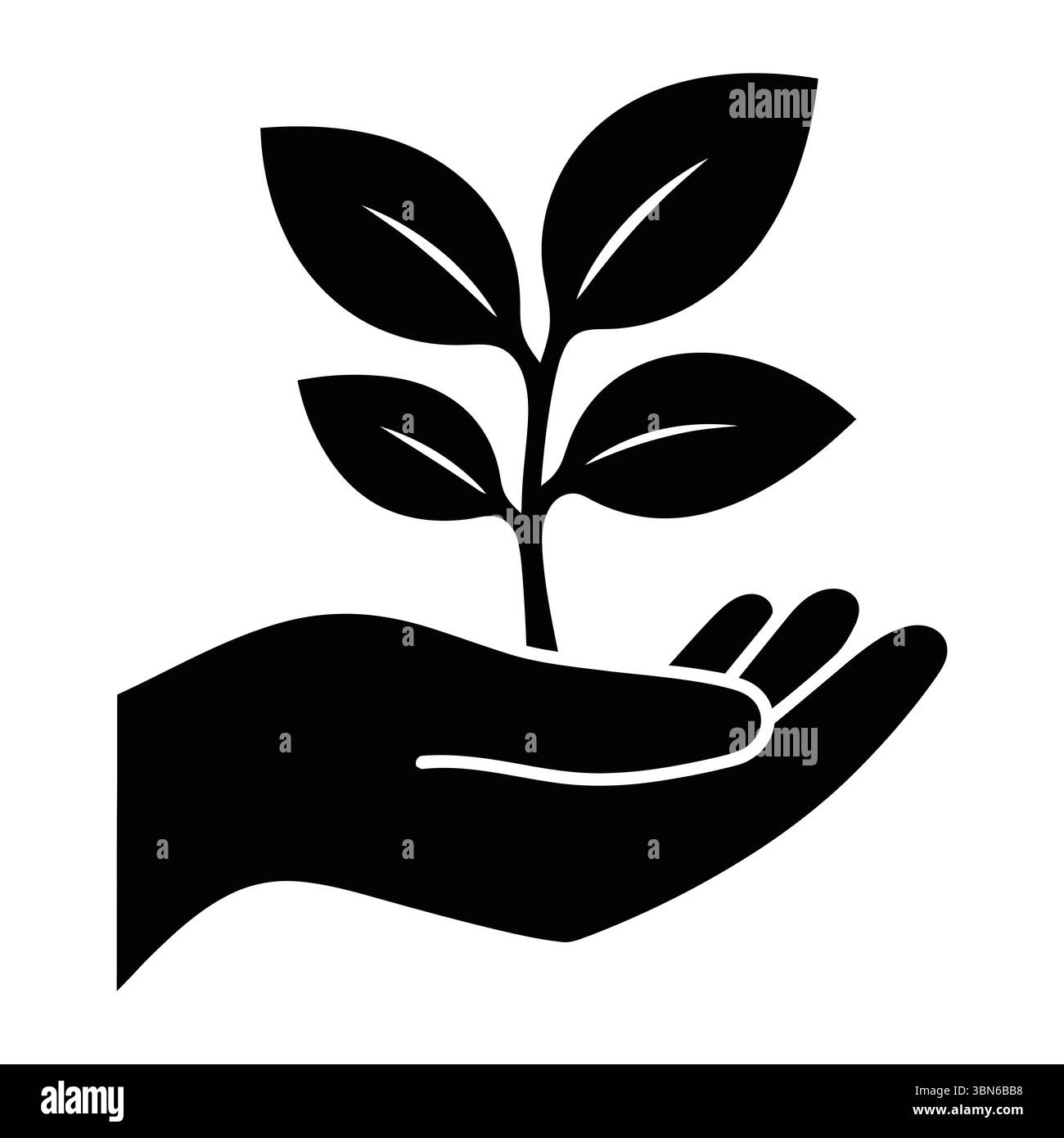 Main tenant une petite plante, symbolisant la croissance et les soins. Un graphique simple, noir et blanc d'une main tenant un petit germe de plante. Illustration de Vecteur