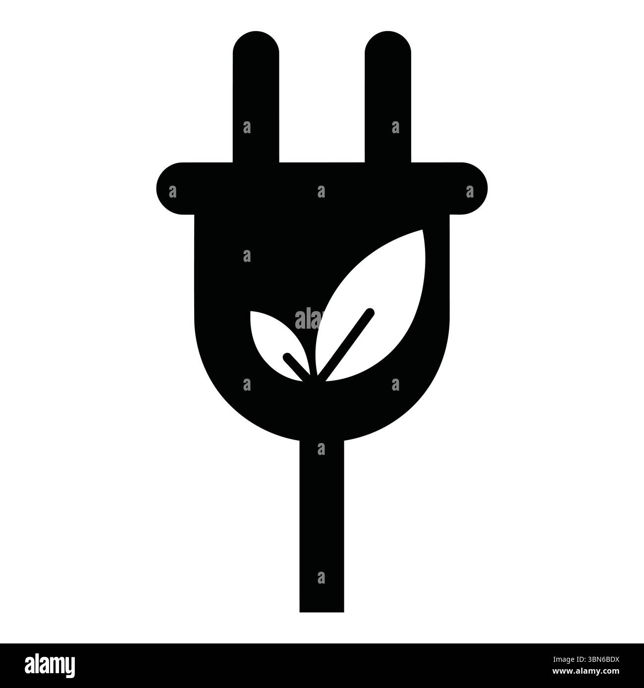 Icône de prise d'alimentation écologique. Un graphique simple, noir et blanc d'une prise électrique avec des feuilles stylisées, suggérant une énergie durable. Illustration de Vecteur