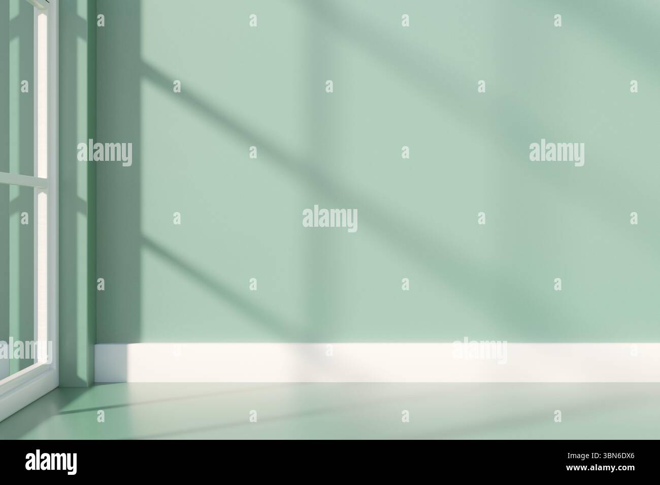 La lumière du soleil coule à travers une fenêtre dans une pièce vide aux murs verts, mettant en valeur l'espace intérieur calme. rendu 3d. Banque D'Images