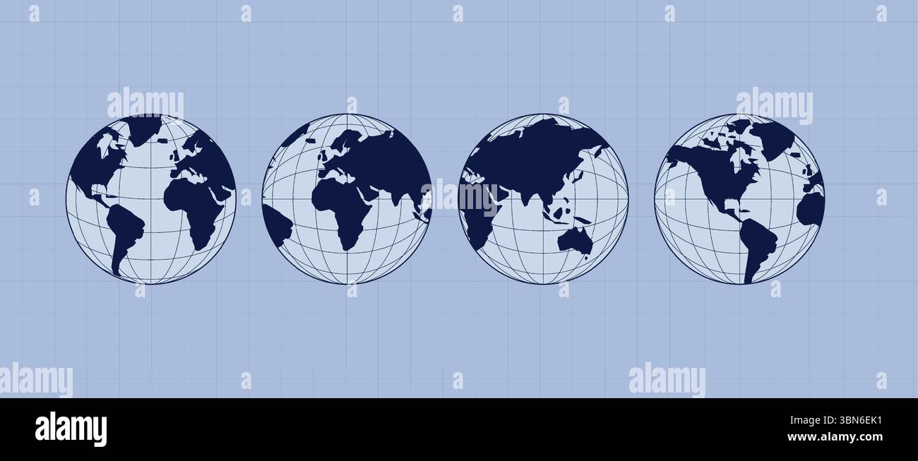 Carte du monde définie. Cartes du globe Europe, Asie, Amérique, Océanie. Icônes de globe du monde isolé sur fond bleu. Globes terrestres. Illustration de Vecteur
