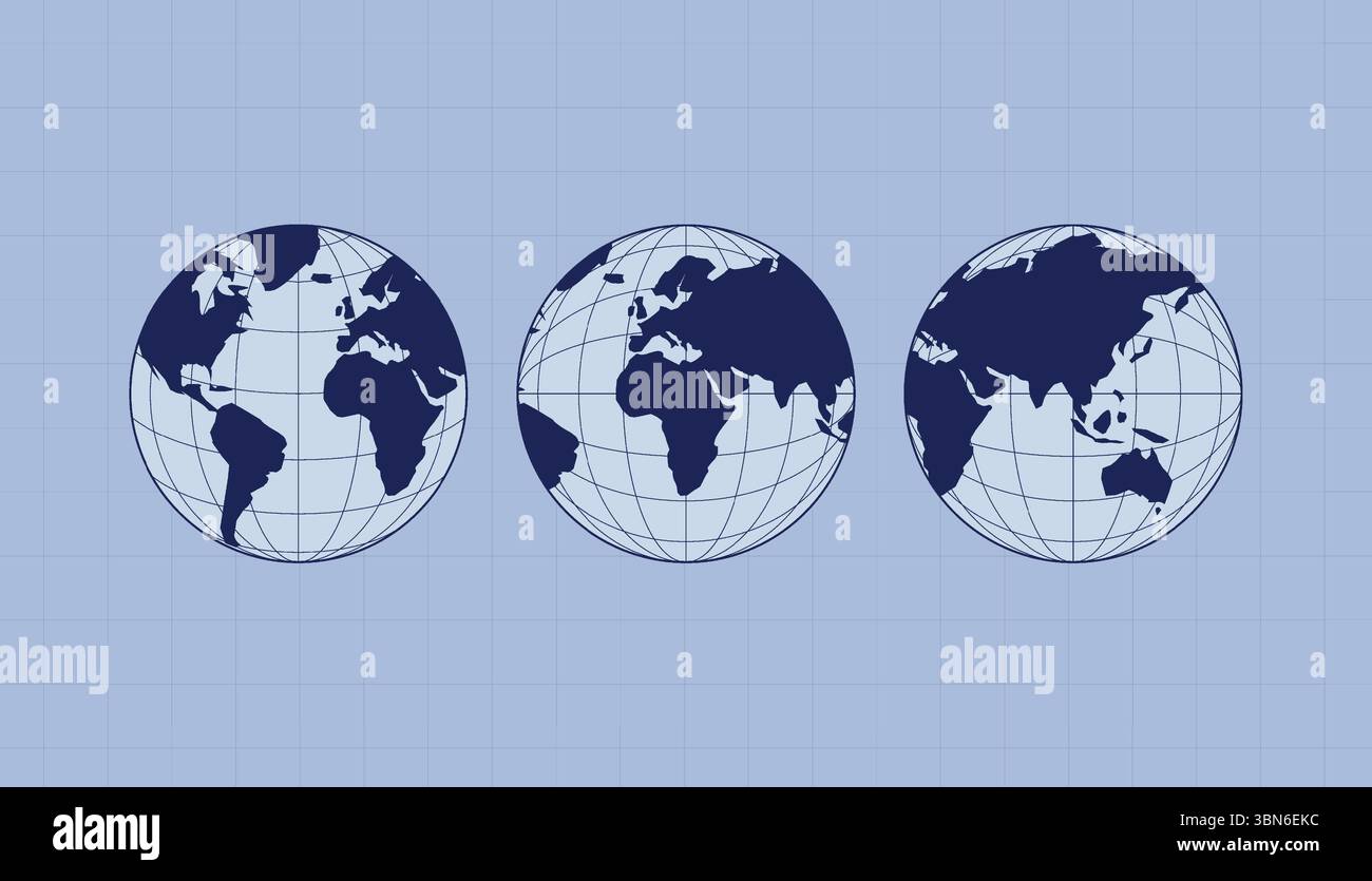 Carte du monde définie. Cartes du globe Europe, Asie, Amérique, Océanie. Icônes de globe du monde isolé sur fond bleu. Globes terrestres. Illustration de Vecteur