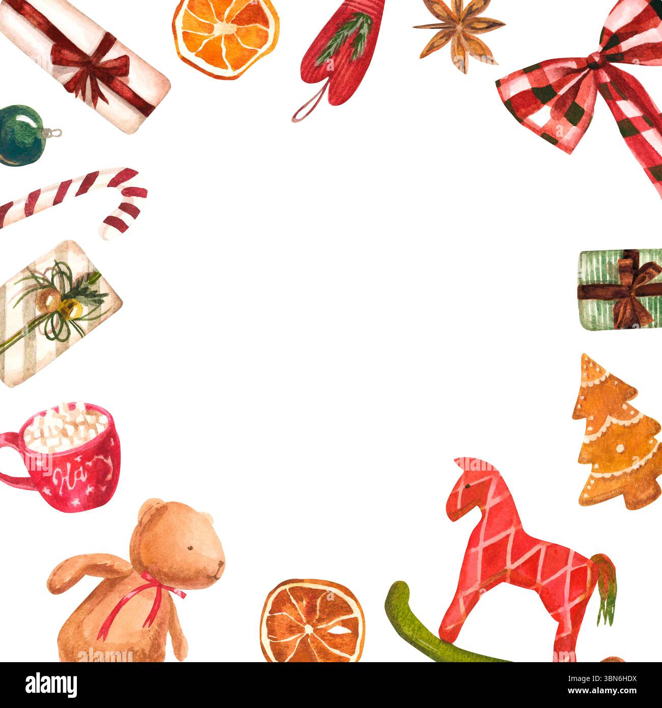 Aquarelle peint à la main cadre de décorations de Noël. Composition de Noël Banque D'Images