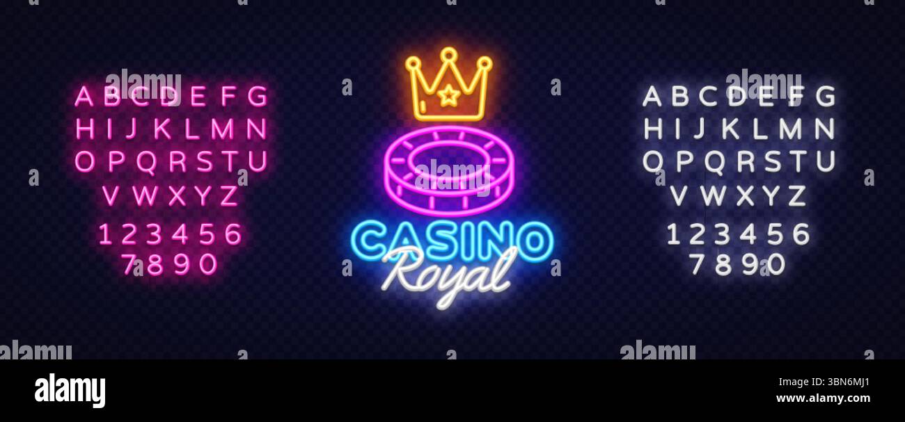 Texte royal néon casino sous puce brillante et icône de couronne. Composition élégante et audacieuse avec des ensembles alphabétiques des deux côtés pour une utilisation promotionnelle de jeu. Illustration de Vecteur