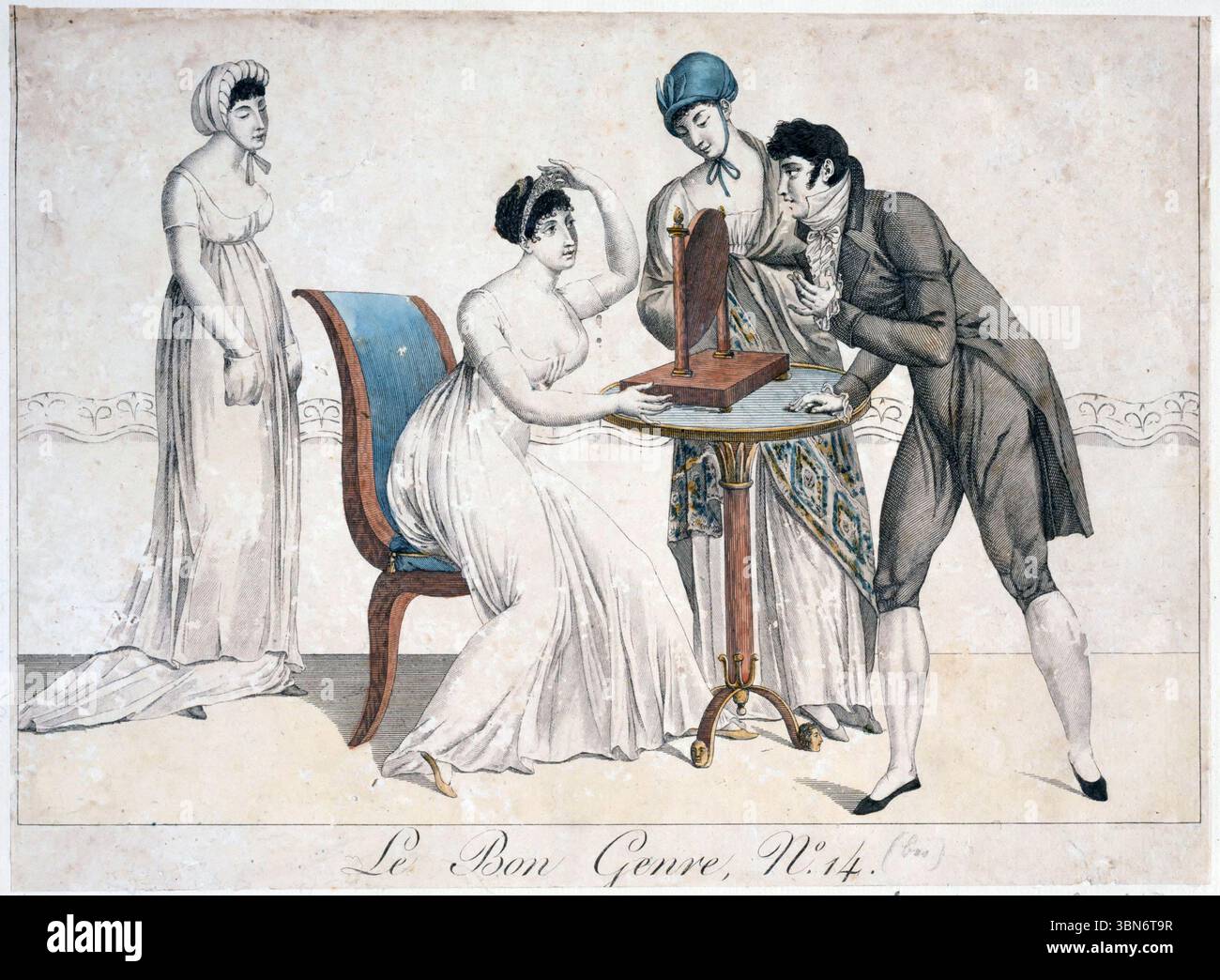 Le bon genre numéro 14 bis : l'audience au boudoir - 1803. Le boudoir entendant art vintage antique imprimé femmes françaises vêtements de mode début 19ème siècle Banque D'Images