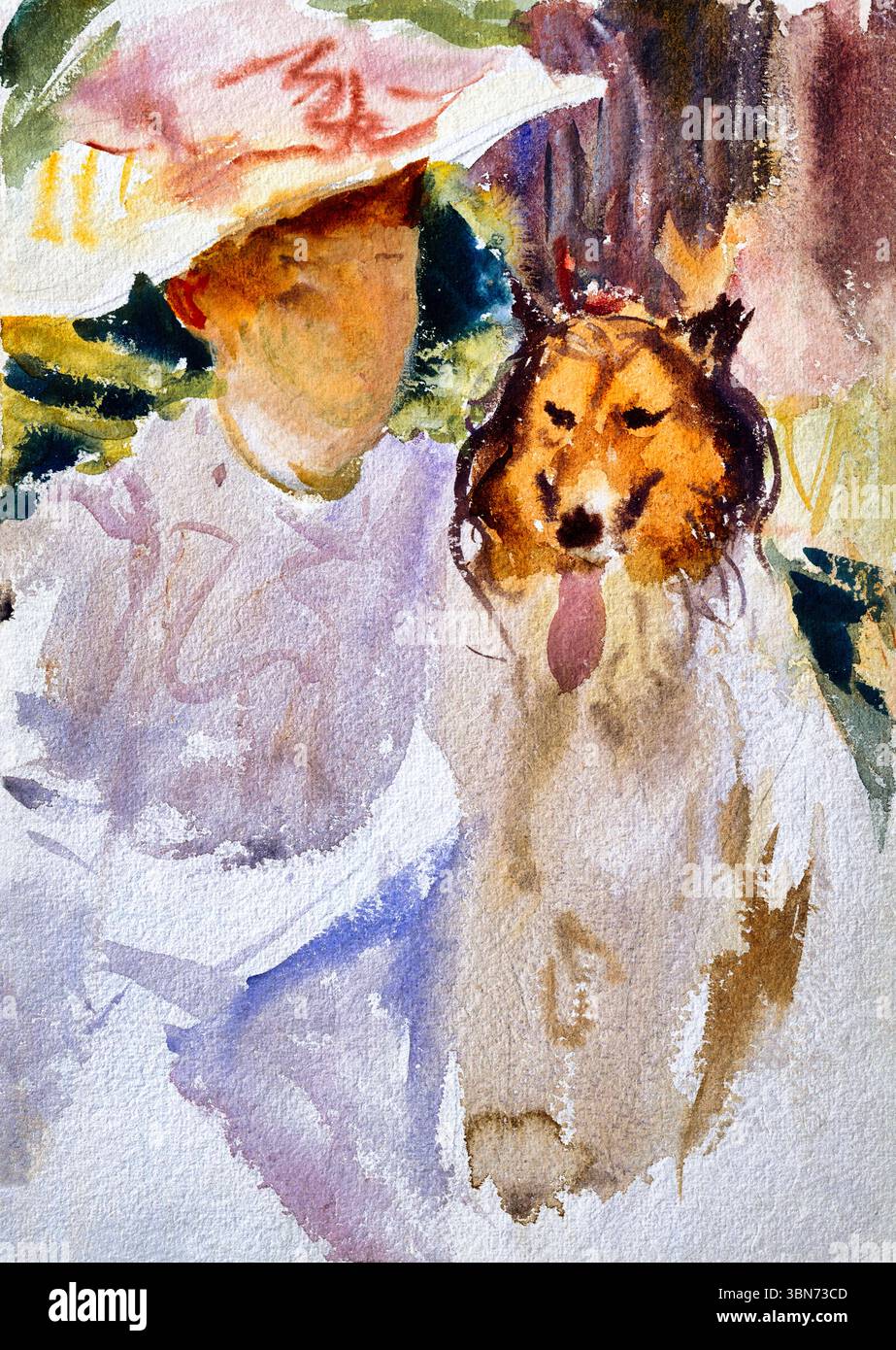 John Singer Sargent - femme avec Collie (après 1890), peinture à l'huile, portrait d'une femme avec chien, époque édouardienne, beaux-arts Banque D'Images