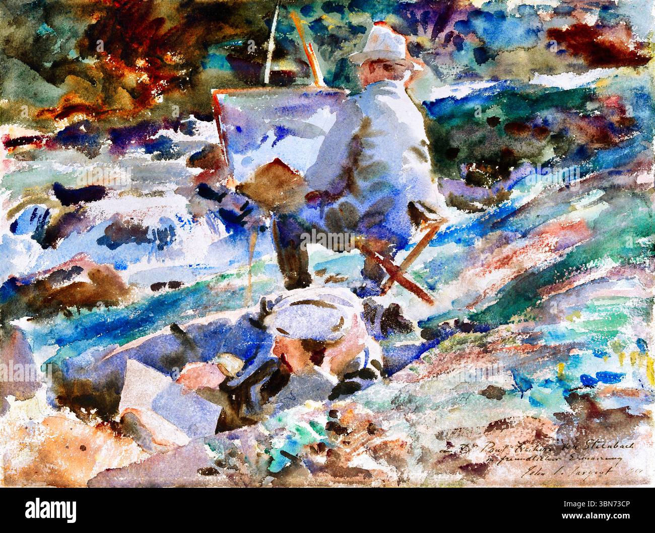 Un artiste à son chevalet de John Singer Sargent, 1914 peinture à l'huile, scène de studio impressionniste, beaux-arts du domaine public, œuvres d'art américaines à haute résolution Banque D'Images