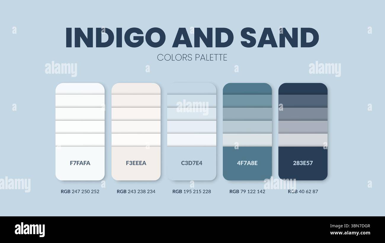 Guide de palette de couleurs dans les collections à thème Indigo et sable. Inspiration de couleur ou graphique avec modèle de codes. Combinaison de couleurs RVB. Nuance de couleurs Illustration de Vecteur