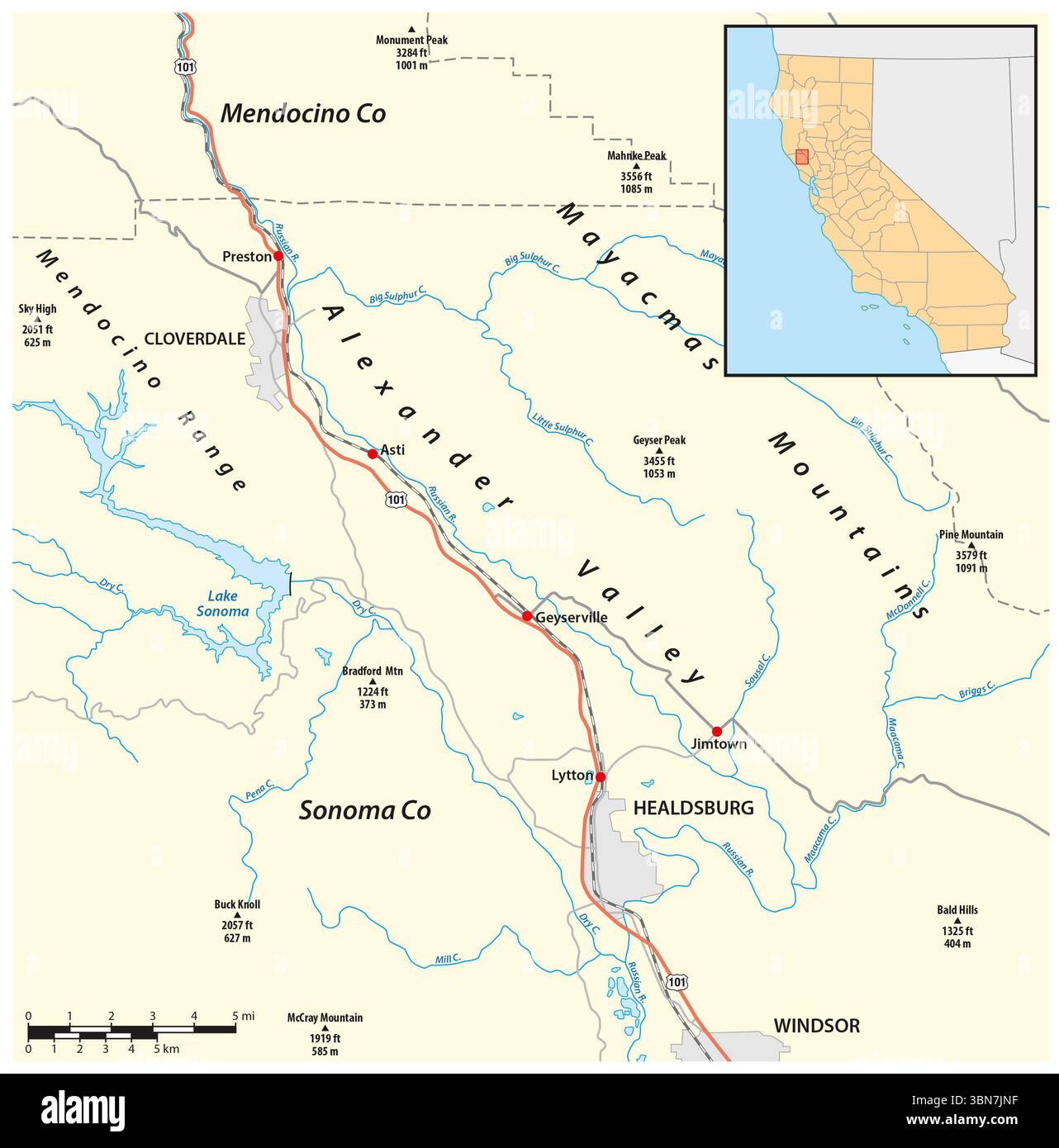 Carte détaillée de la Californie Alexander Valley Banque D'Images