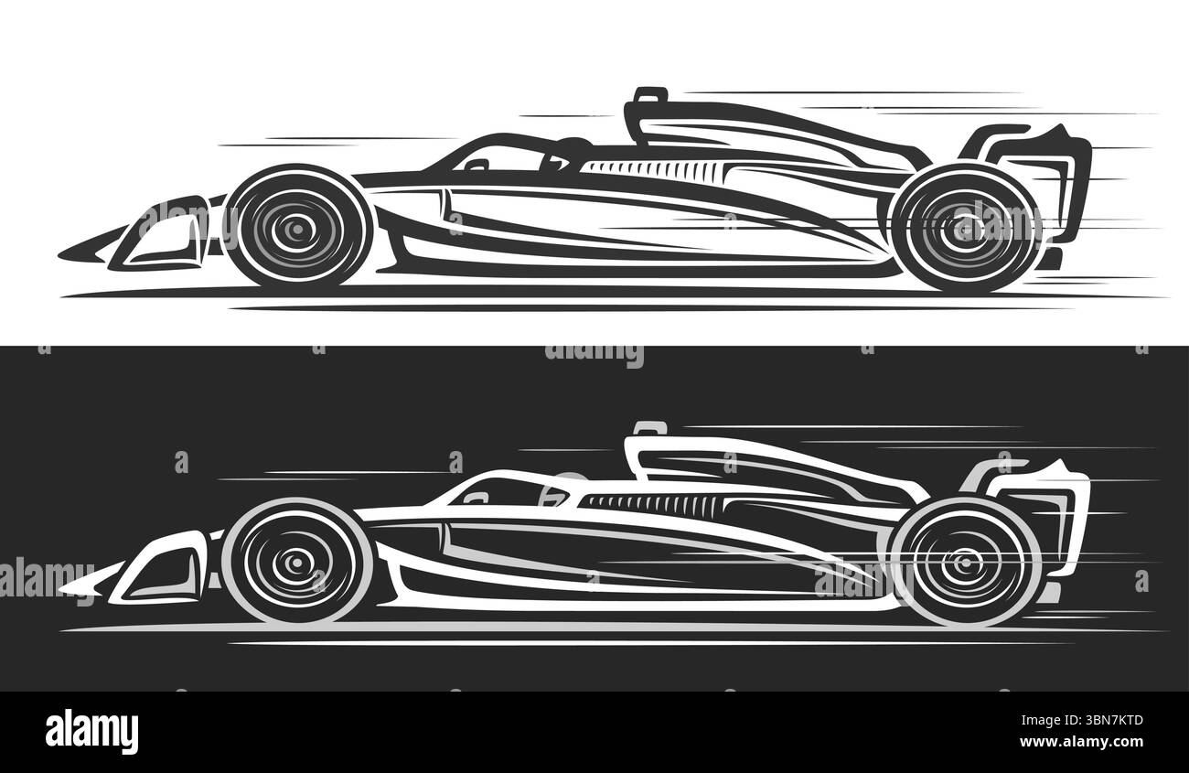 Logo vectoriel pour F1 Racing car, bannières automobiles monochromes avec illustration simple clip art de voiture concept f1 moderne en mouvement, illustration de la course Illustration de Vecteur