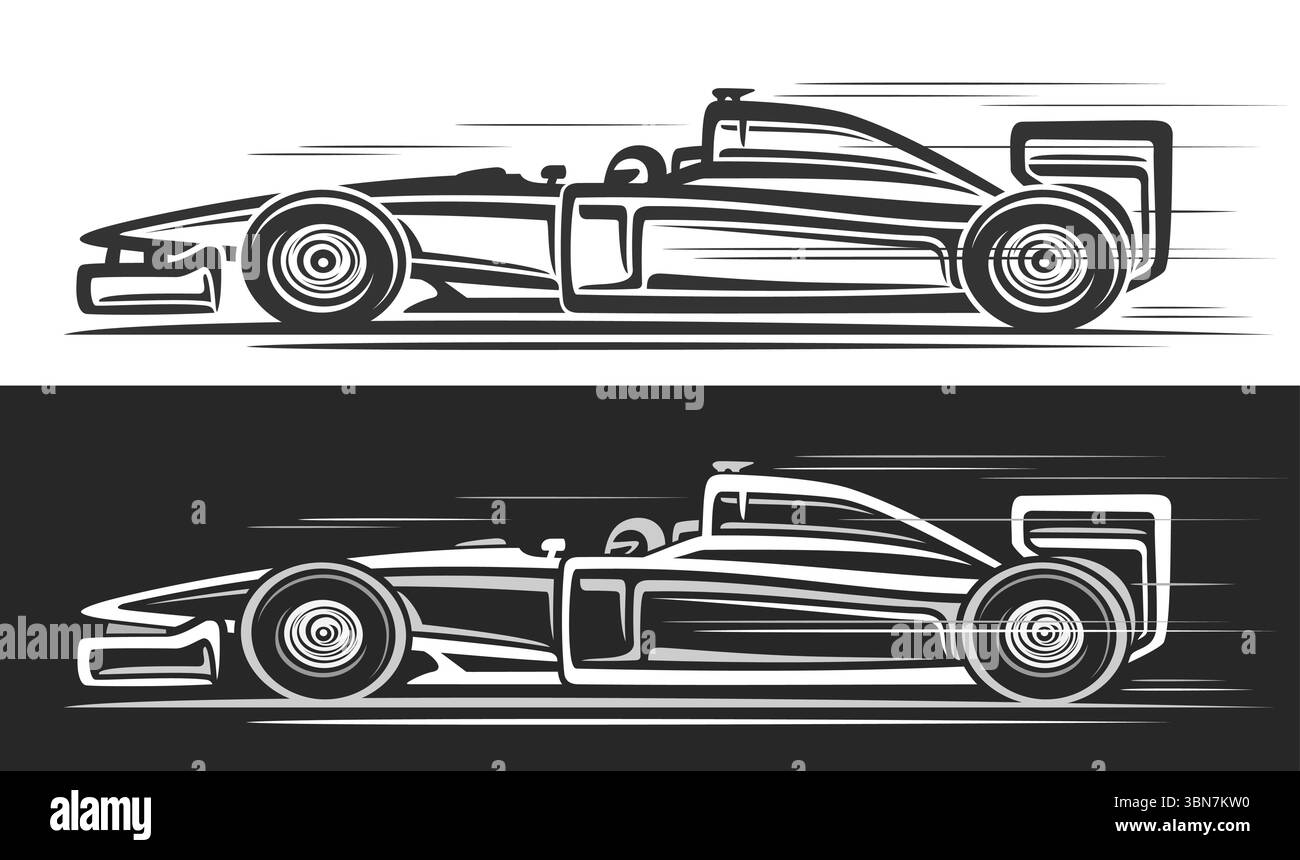 Logo vectoriel pour voiture de course de formule un, bannière automobile avec illustration clipart monochrome de voiture concept de sport en mouvement, illustration de la forme courante Illustration de Vecteur