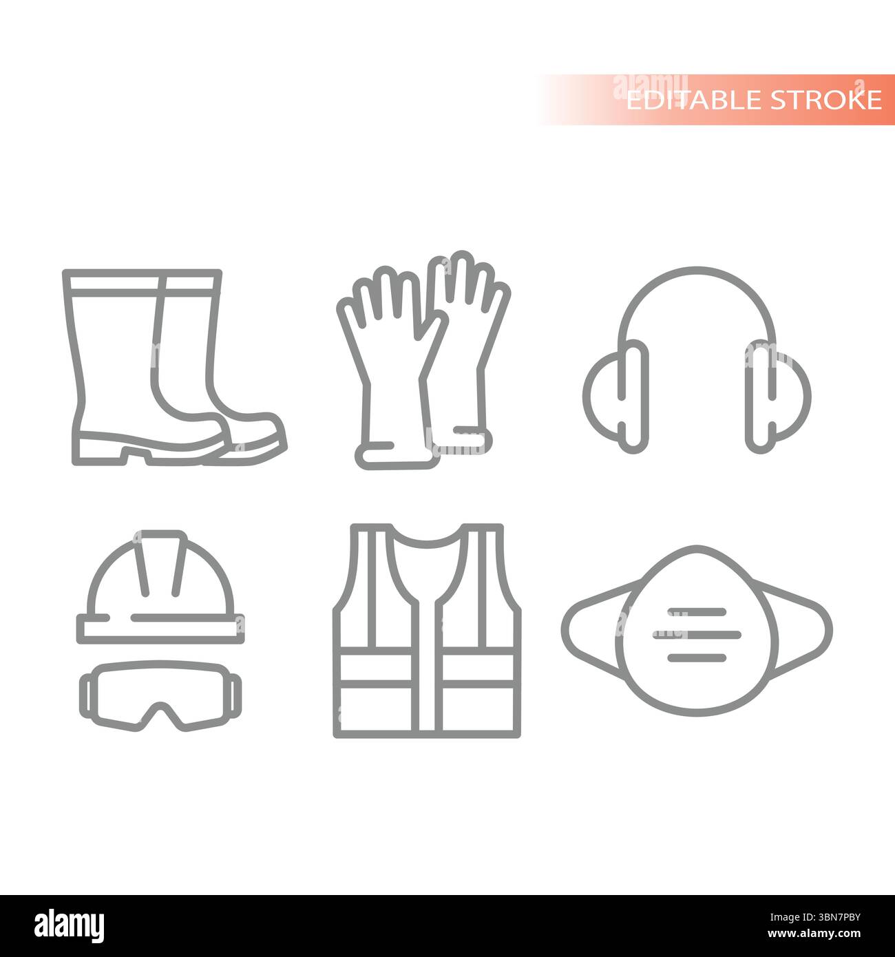 EPI ou équipement de protection individuelle avec icônes de ligne de gilet et de gants. HardHat ou casque, cache-oreilles, respirateur et gilet de protection vecteur d'icône de vêtements de travail Illustration de Vecteur