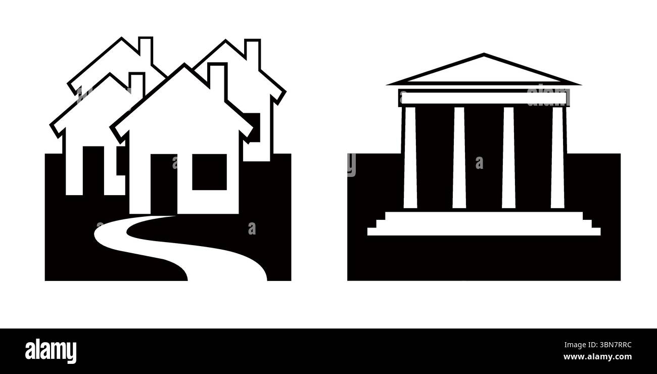 Maisons résidentielles et ensemble d'icônes de bâtiment du gouvernement classique - vecteur noir et blanc Illustration de Vecteur