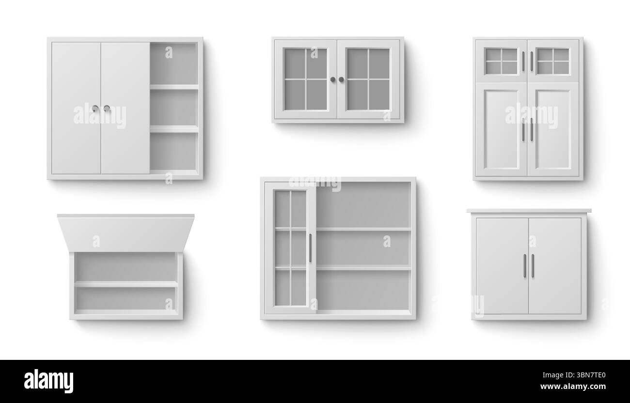 Collection blanche d'armoires de cuisine dans divers styles de rangement. Différentes unités murales avec portes vitrées, étagères ouvertes, façades de panneaux fermées et meubles supérieurs pour une organisation moderne de la maison. Illustration de Vecteur