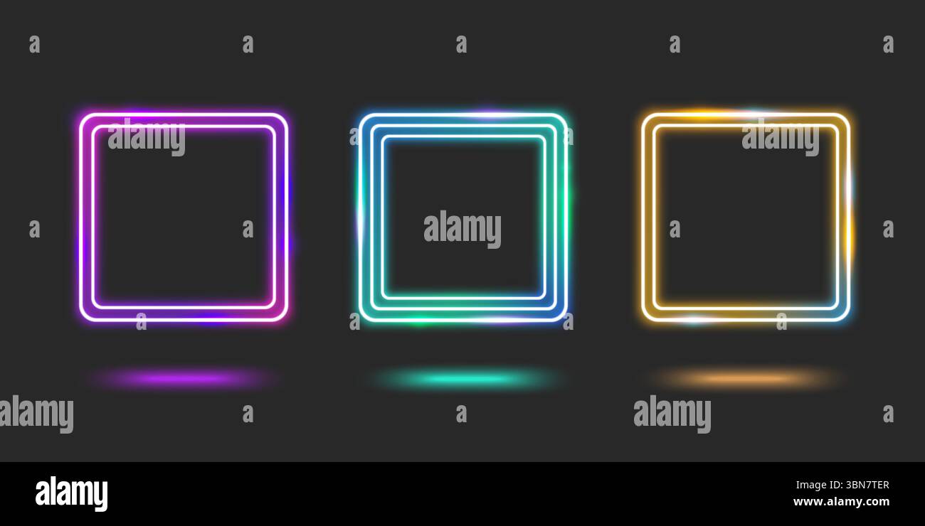 Cadre carré néon brillant sur fond sombre - bordures de dégradé violet, vert et jaune avec effets de réflexion pour un design futuriste. Boîte à lumière électrique avec coins arrondis pour une interface moderne Illustration de Vecteur