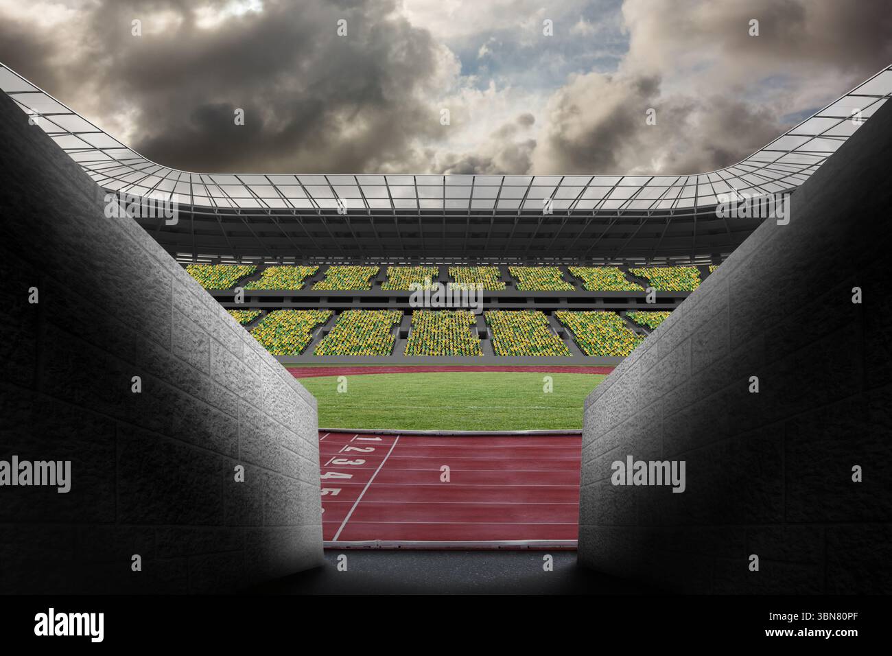 Les murs de tunnel en pierre d'art vectoriel encadrent la piste rouge du stade, le champ, les sièges sous la verrière en métal-verre Banque D'Images