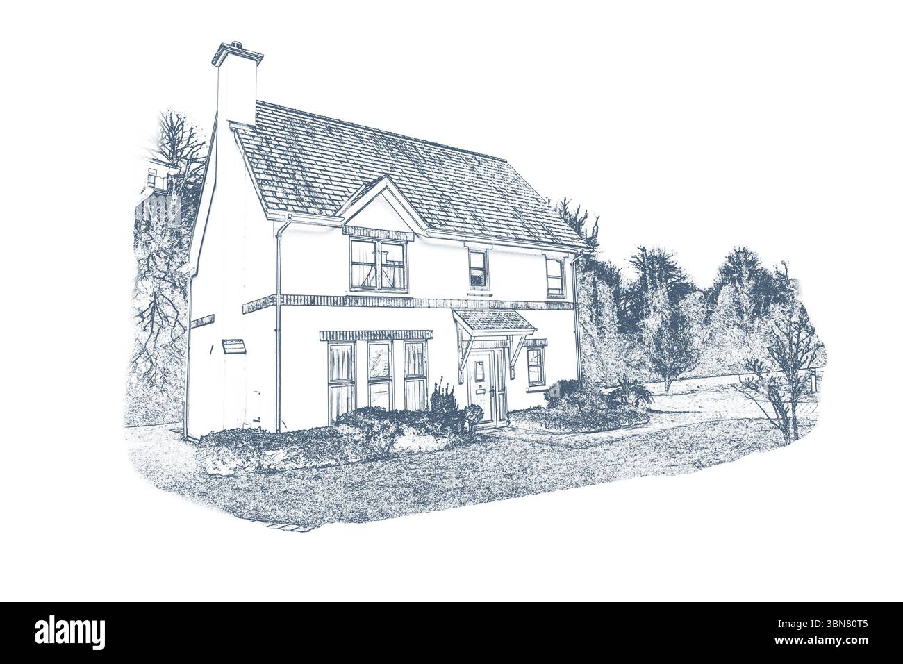 Maison de deux étages est debout sur une pelouse herbeuse avec toit escarpé, cheminée, porche, fenêtres, style esquissé Banque D'Images