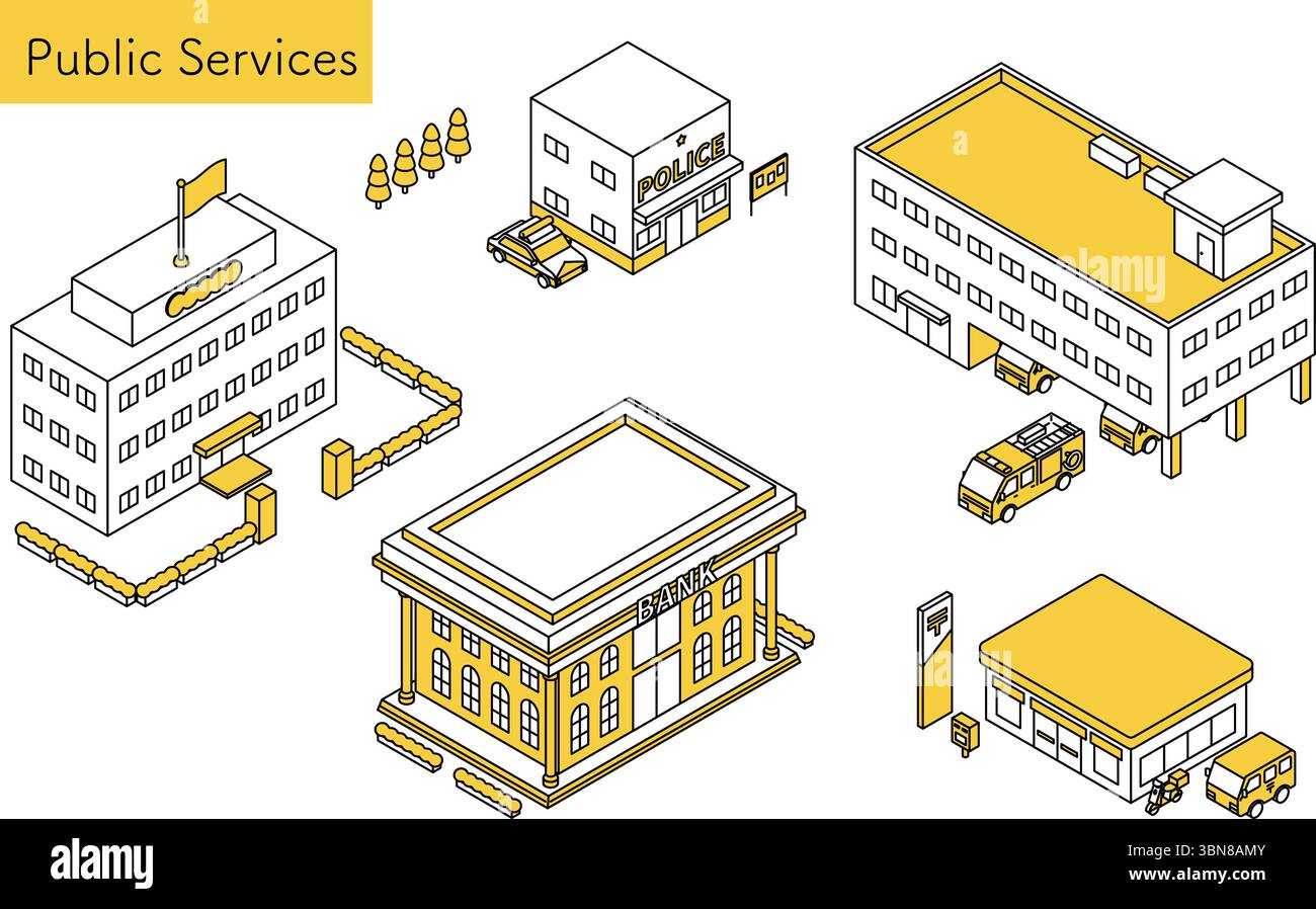 Illustration isométrique d'art au trait des bâtiments et des véhicules de service public, y compris la boîte de police, bureau de poste, caserne de pompiers, banque, hôtel de ville, voiture de patrouille, Illustration de Vecteur
