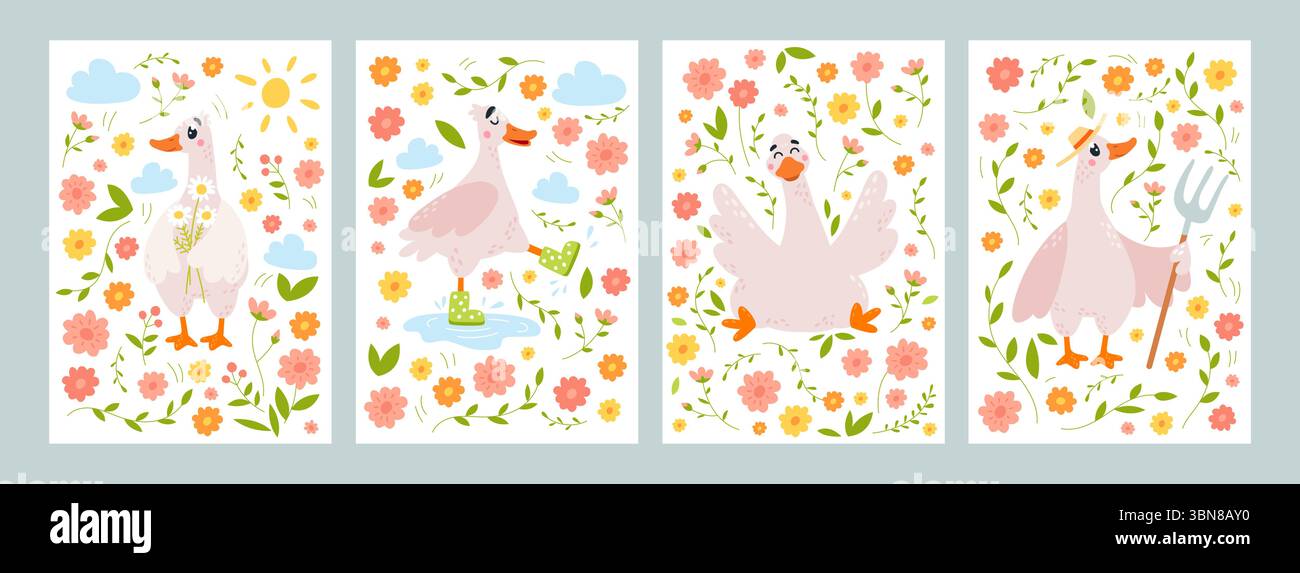 Cartes d'oie fleurie. Oies de dessin animé avec des fleurs et des outils de jardin, marchant sur flaque dans des bottes en caoutchouc. Conception drôle de couvertures avec des oiseaux, ensemble vectoriel chic Illustration de Vecteur