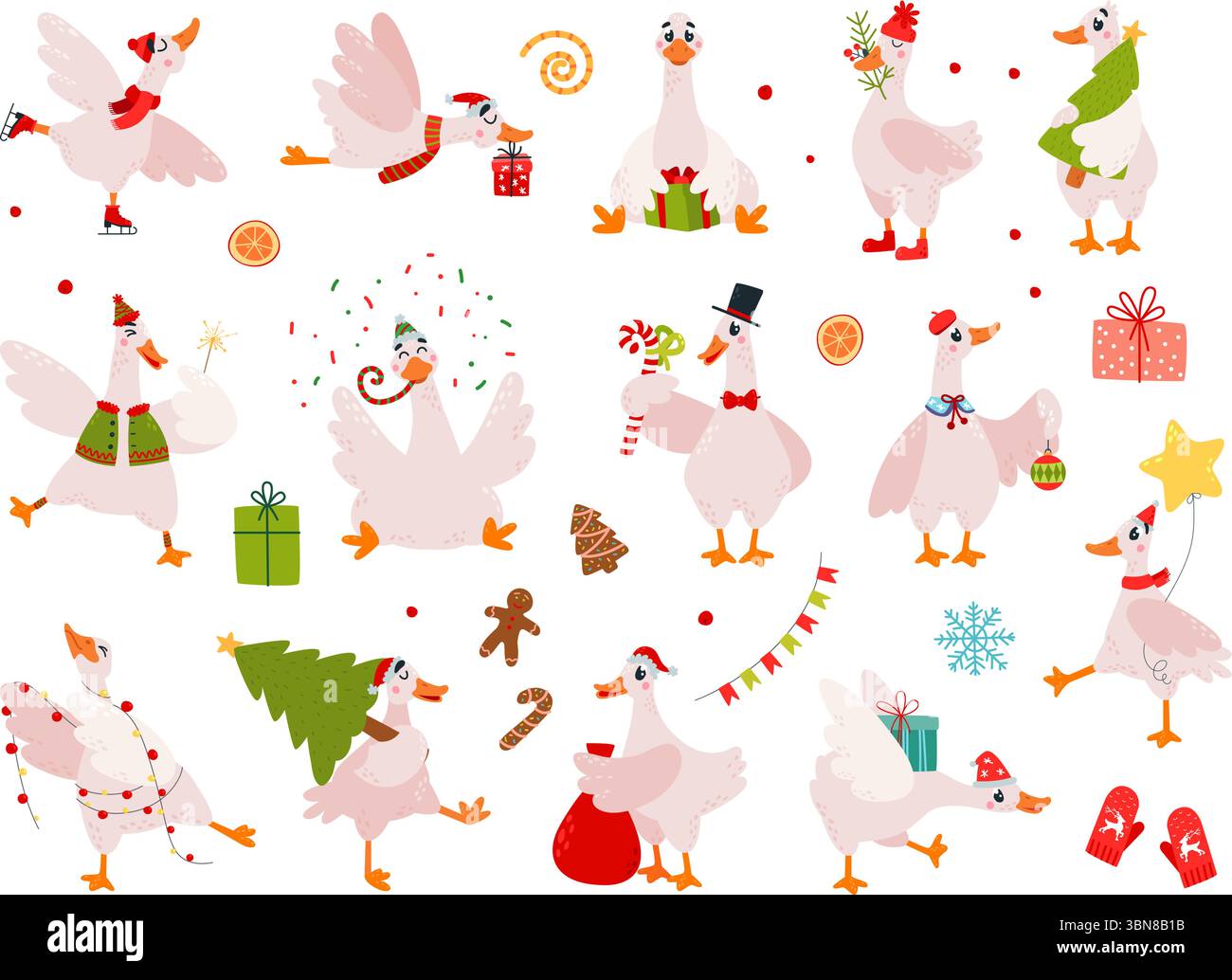 Oies de dessin animé de Noël. Oie dans différentes poses avec divers articles, cadeaux, bonbons, sapin. Personnages d'oiseaux de ferme de style nouvel an, classe isolée Illustration de Vecteur