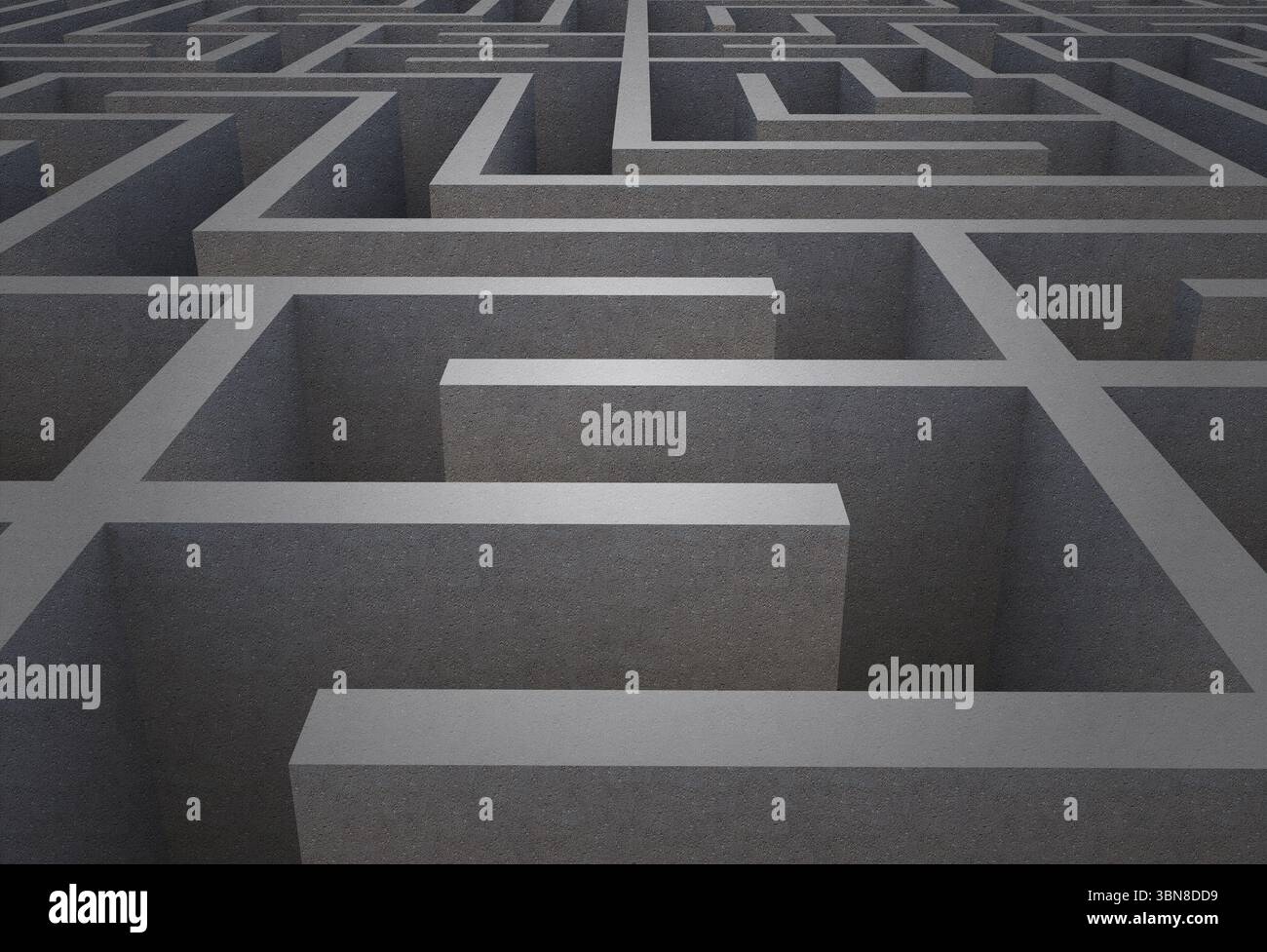 La grille de couloir en labyrinthe en béton se déploie en rendu 3D de haut en bas, montrant des murs texturés rugueux Banque D'Images