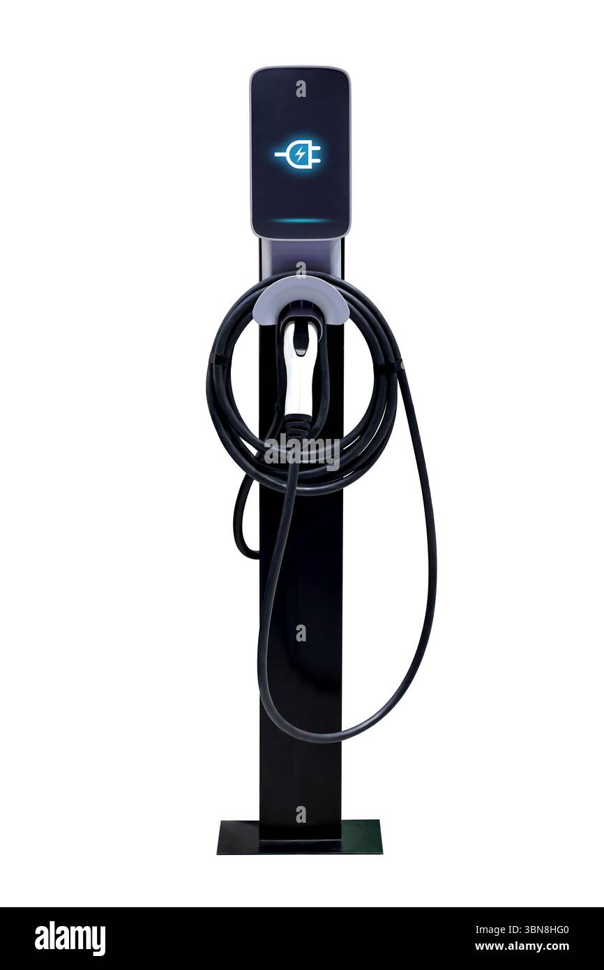 Câble d'alimentation de la pompe brancher l'alimentation de charge à la voiture électrique de véhicule EV pour une utilisation à la maison. Isolé sur fond blanc Banque D'Images