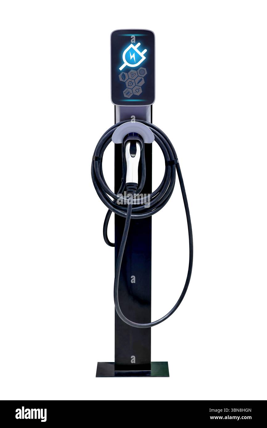 Câble d'alimentation de la pompe brancher l'alimentation de charge à la voiture électrique de véhicule EV pour une utilisation à la maison. Isolé sur fond blanc Banque D'Images
