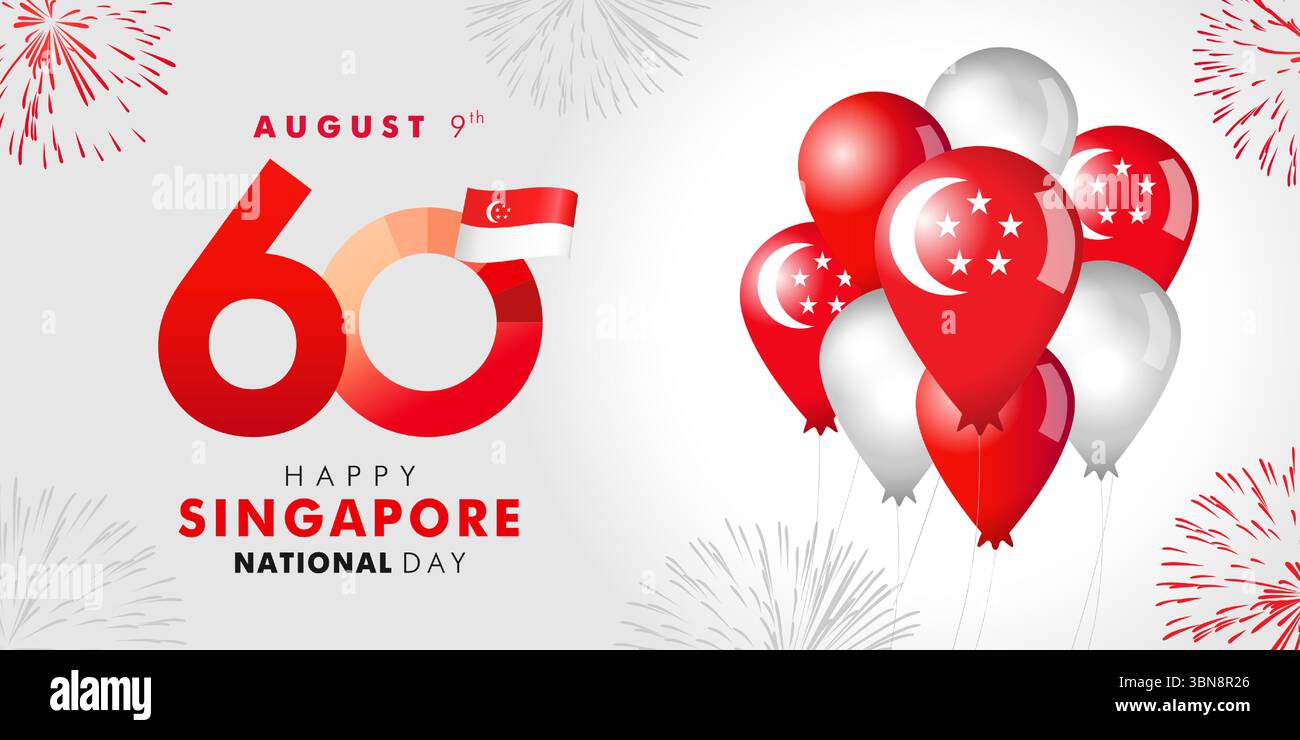 60 ans jour national de Singapour avec drapeau, ballons et feux d'artifice. 60ème jour de l'indépendance de Singapour 2025 conception d'affiches - Majulah Singapura. Vecteur Illustration de Vecteur