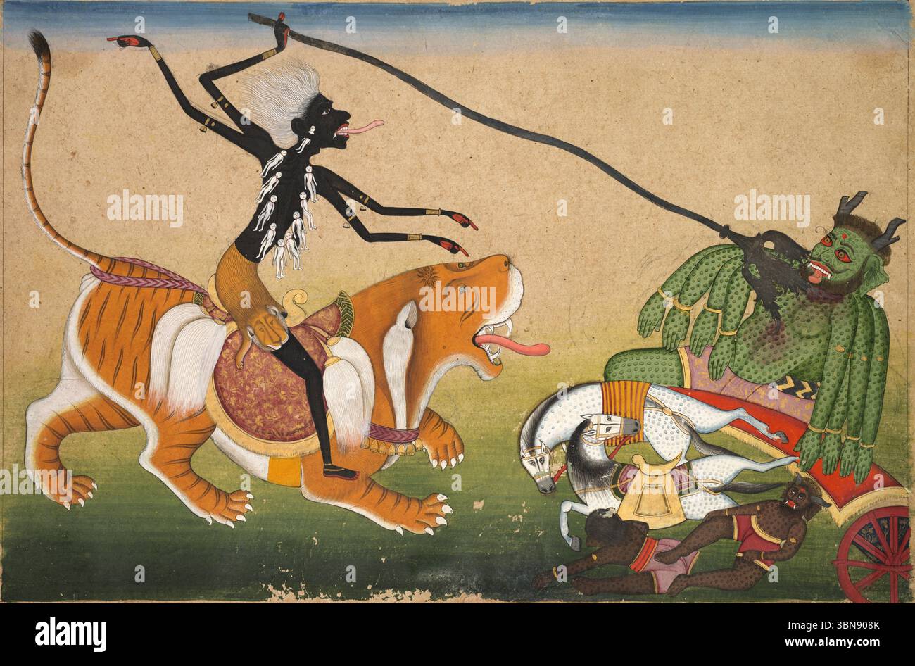 La puissante déesse hindoue noire Kali tue sans effort un démon vert tacheté à huit bras avec un trident incroyablement long. Ses chevaux de chars et deux sbires sont incapables en dessous. La langue de Kali se détache, indiquant sa capacité à attraper du sang avant qu’il ne touche le sol : l’un de ses ennemis démoniaques a du sang qui génère un autre démon chaque fois qu’une goutte entre en contact avec la terre. Le démon est une métaphore pour les pensées mauvaises qui donnent lieu à plus de mauvaises pensées ; Kali aide ses disciples à les éradiquer tous. Banque D'Images La puissante déesse hindoue noire Kali tue sans effort un démon vert tacheté à huit bras avec un trident incroyablement long. Ses chevaux de chars et deux sbires sont incapables en dessous. La langue de Kali se détache, indiquant sa capacité à attraper du sang avant qu’il ne touche le sol : l’un de ses ennemis démoniaques a du sang qui génère un autre démon chaque fois qu’une goutte entre en contact avec la terre. Le démon est une métaphore pour les pensées mauvaises qui donnent lieu à plus de mauvaises pensées ; Kali aide ses disciples à les éradiquer tous. Banque D'Images