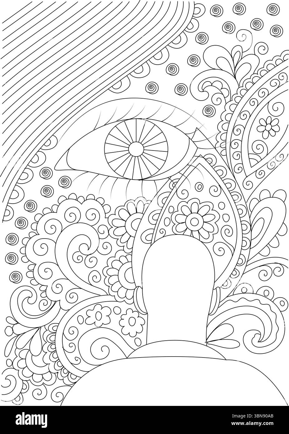 Une illustration détaillée d'art au trait noir et blanc mettant en valeur un œil central stylisé avec une pupille géométrique ressemblant à un mandala. L'œil est gracieusement integra Illustration de Vecteur