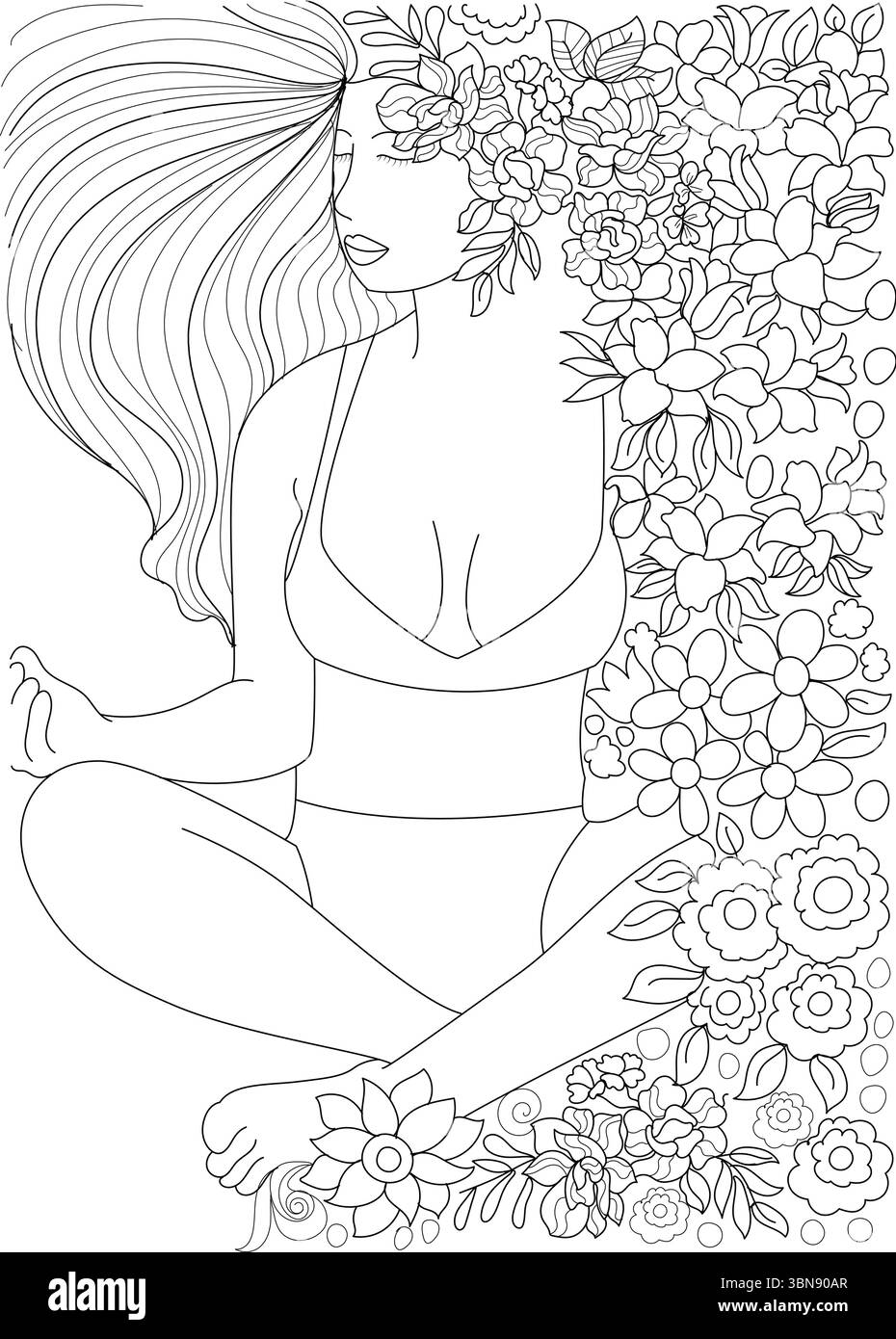 Une illustration artistique complexe en noir et blanc représentant une femme sereine dans une pose de yoga méditative (Sukhasana ou Easy pose) avec les yeux fermés, embod Illustration de Vecteur