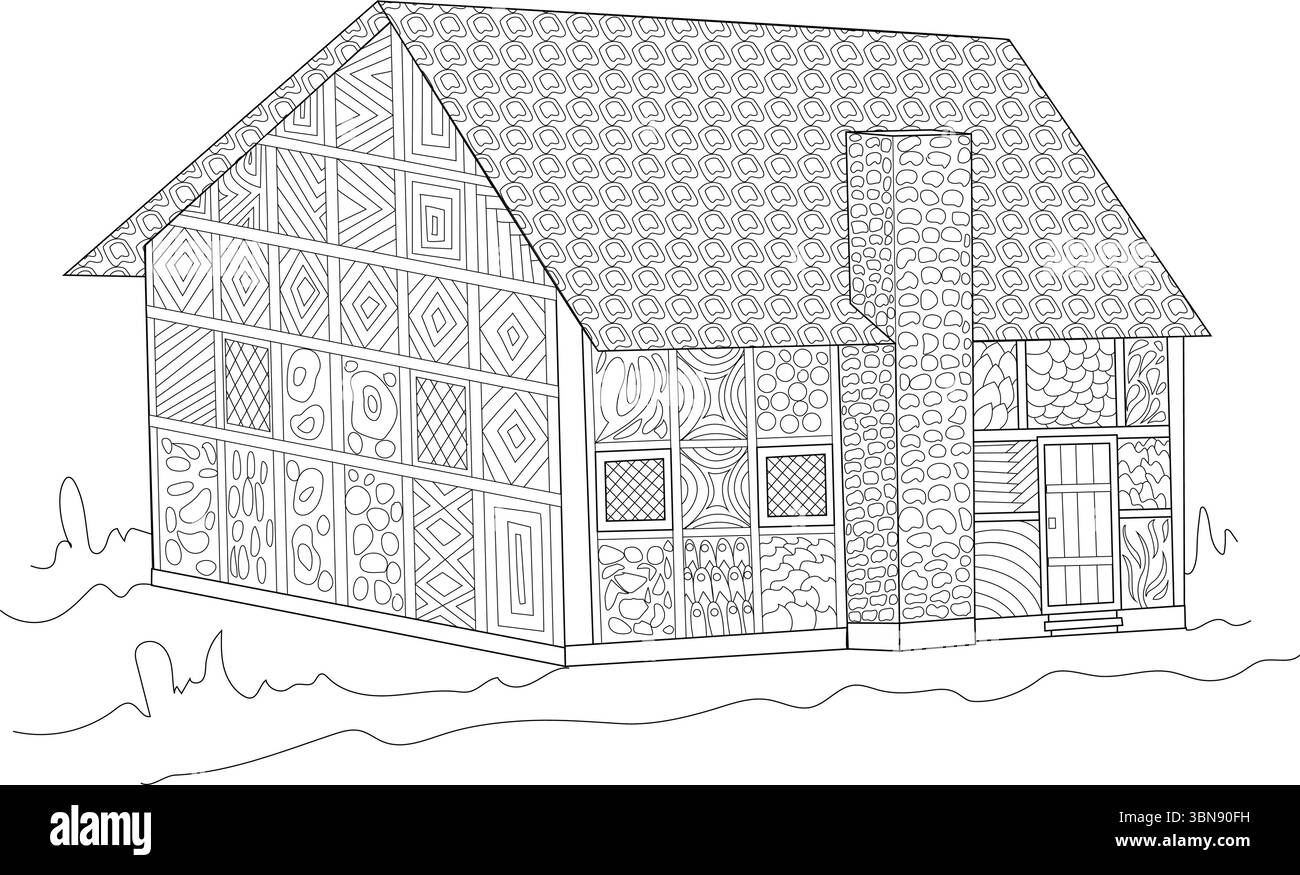 Une illustration complexe de lignes noires et blanches d'une maison médiévale stylisée ou de style Tudor, avec divers motifs ornés sur ses murs et son roo Illustration de Vecteur