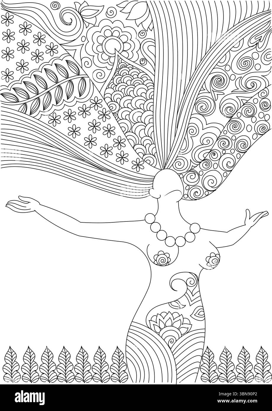 Illustration détaillée d'art au trait noir et blanc mettant en vedette une forme féminine gracieuse avec les bras tendus, symbolisant la paix, la liberté et la connexion à Illustration de Vecteur