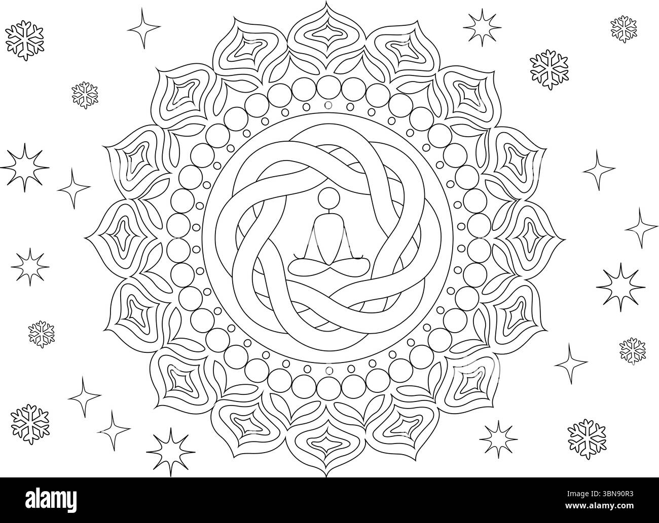 Illustration détaillée au trait noir et blanc représentant une figure méditante stylisée centrée dans un motif mandala complexe. Le p symétrique Illustration de Vecteur