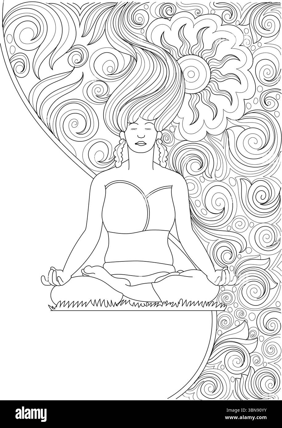 Illustration détaillée de lignes en noir et blanc représentant une femme sereine dans une position méditative de lotus. Ses yeux sont fermés, suggérant une concent profonde Illustration de Vecteur