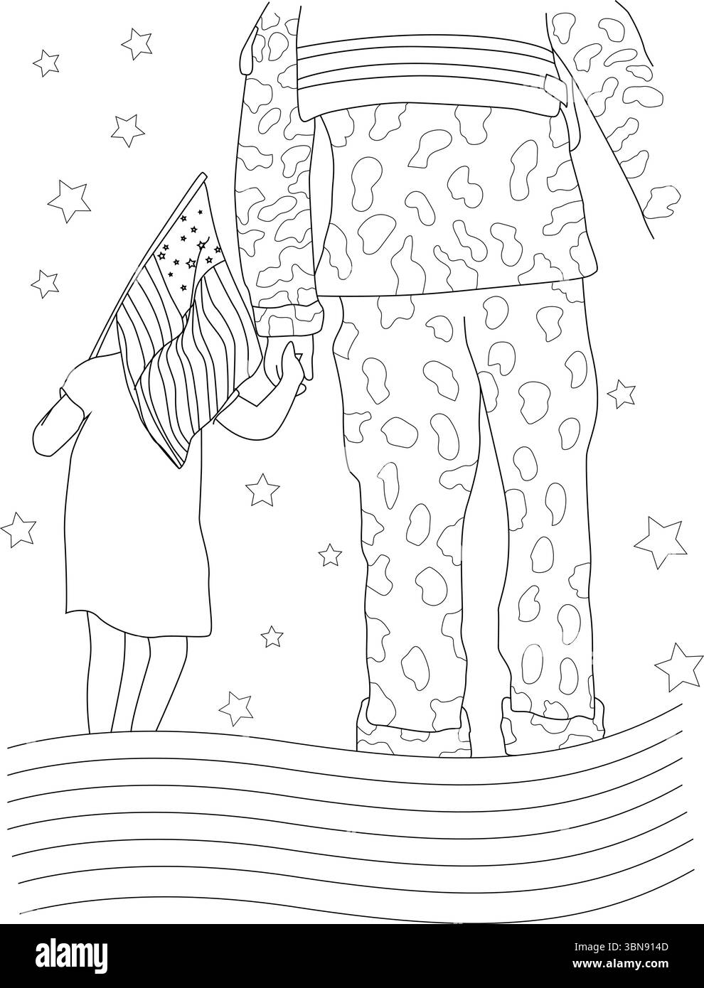 Illustration d'art au trait noir et blanc représentant un enfant se tenant la main avec un soldat en camouflage, avec un drapeau américain drapé à côté d'eux et d'étoiles Illustration de Vecteur