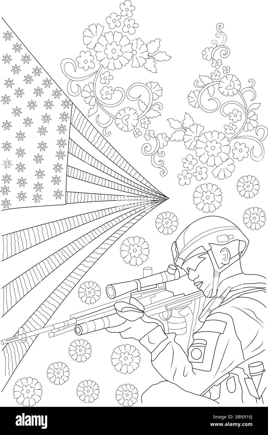 Illustration poignante pour le Memorial Day, mettant en scène un soldat de profil, visant un fusil, sur fond d'un drapeau américain stylisé Illustration de Vecteur