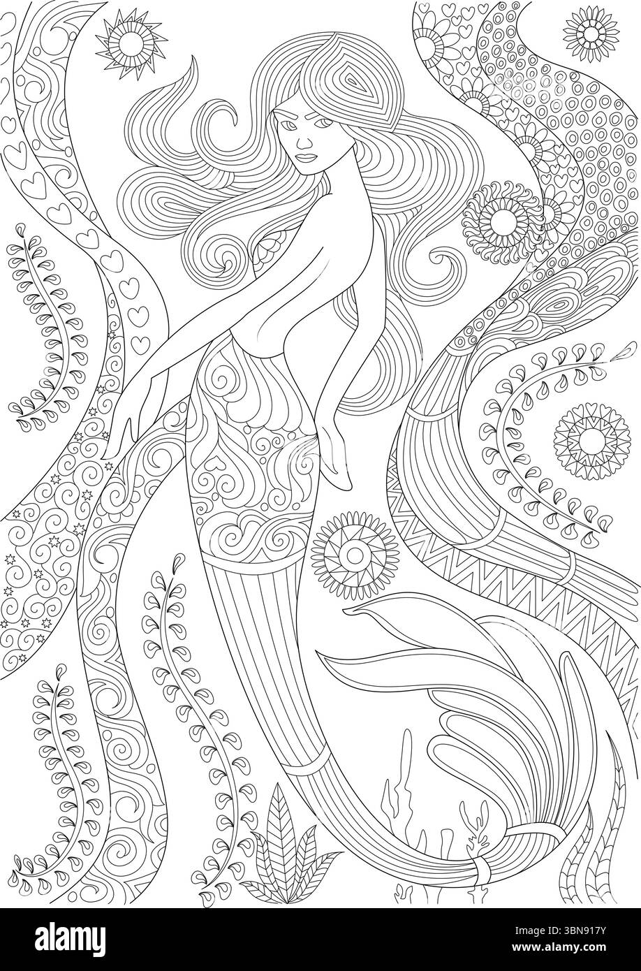 Une illustration captivante d'art de ligne noir et blanc d'une belle sirène, conçue pour les livres de coloriage pour adultes. L'œuvre met en valeur un mythique gracieux Illustration de Vecteur