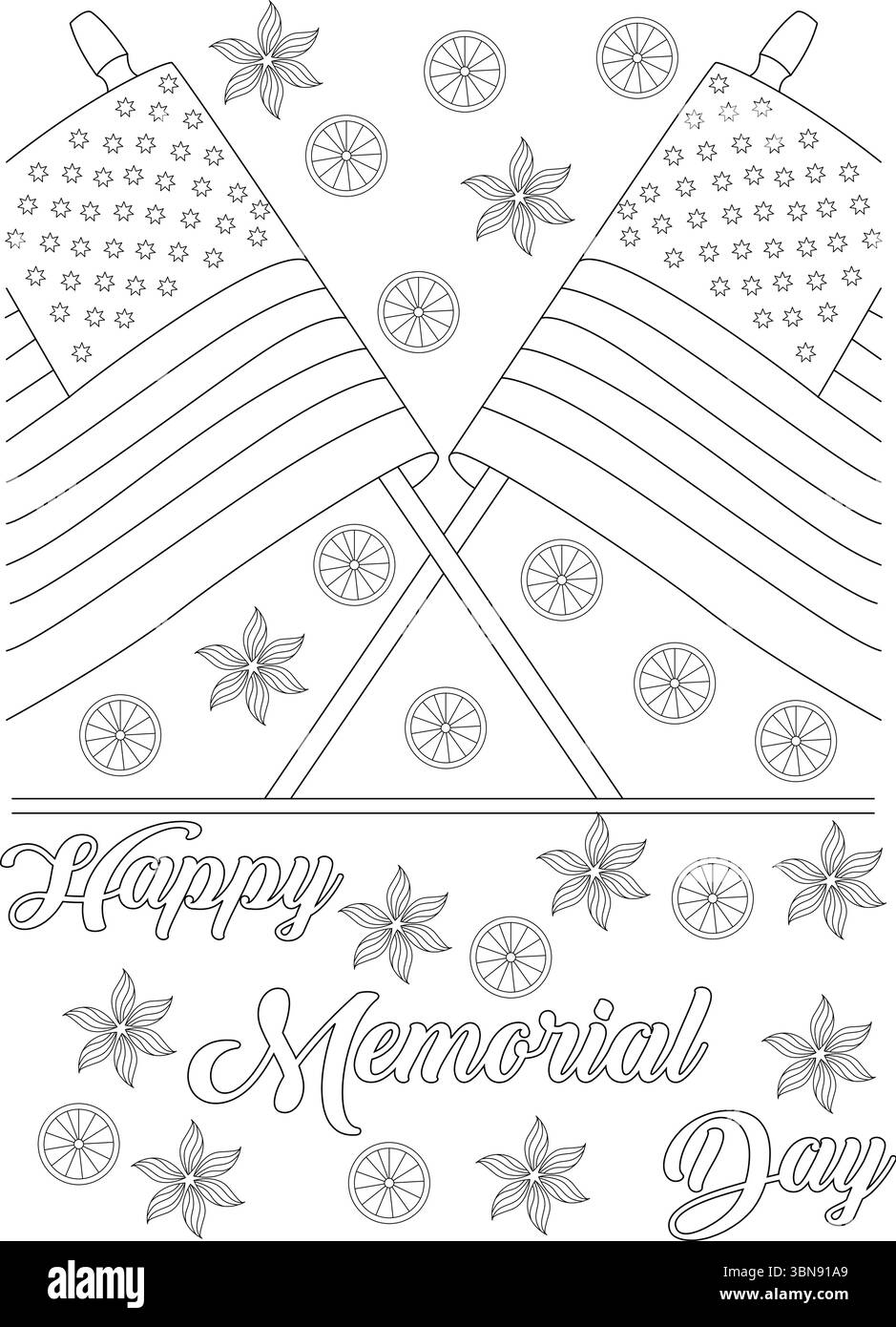 Une illustration détaillée en noir et blanc pour une page à colorier joyeuse Journée du souvenir. Le design comporte deux drapeaux américains stylisés croisés, avec Illustration de Vecteur