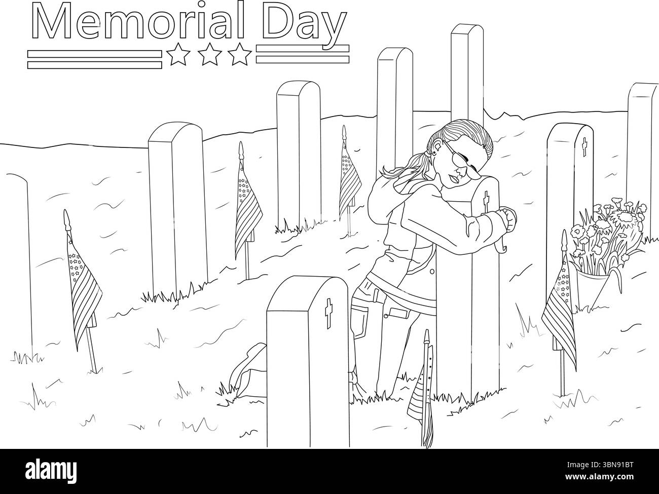 Cette illustration au trait noir et blanc représente une scène poignante du jour du souvenir dans un cimetière militaire. Une personne est montrée agenouillée avec respect Illustration de Vecteur