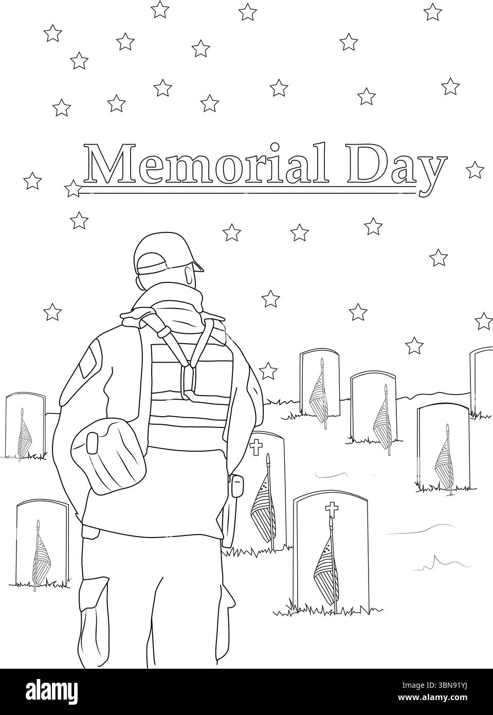 Cette illustration poignante au trait noir et blanc capture l'esprit solennel du Memorial Day. Il dispose d'un soldat solitaire debout dans une réflectio tranquille Illustration de Vecteur