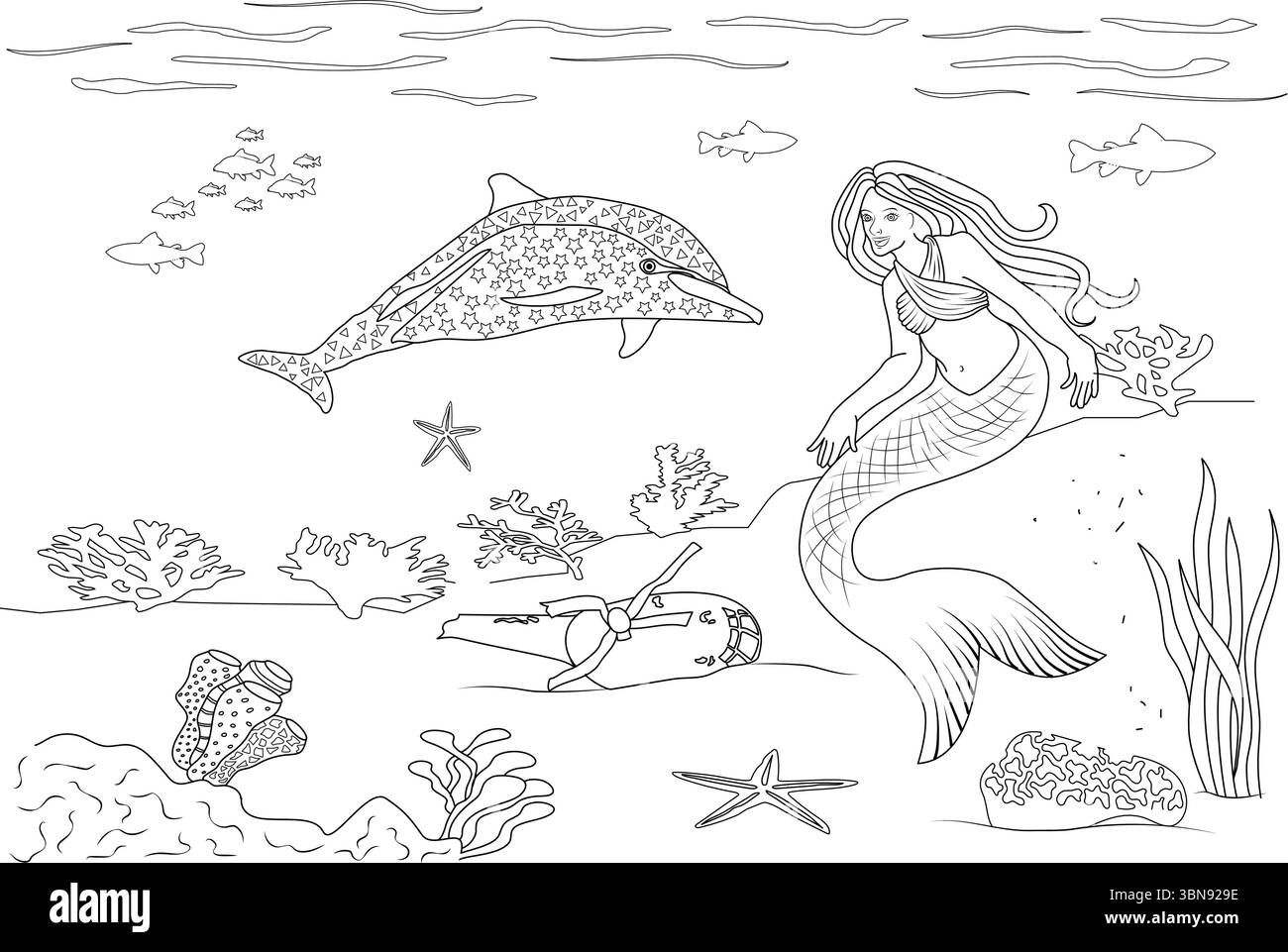 Une illustration complexe en noir et blanc pour un livre de coloriage, mettant en valeur un monde sous-marin serein. La scène dispose d'une belle sirène wi Illustration de Vecteur