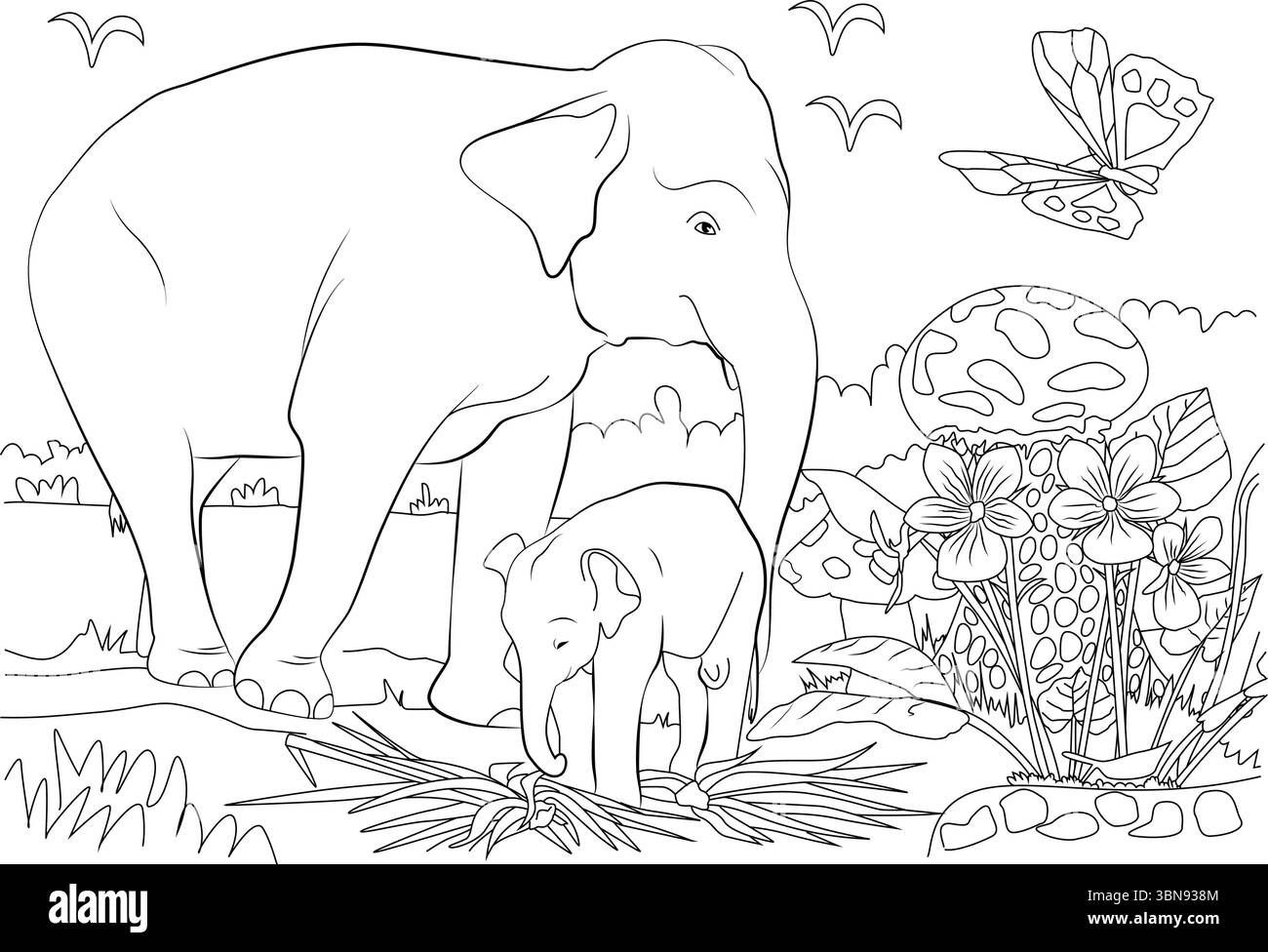 Cette charmante illustration au trait noir et blanc capture un moment tendre entre une mère éléphant et son bébé veau dans un environnement naturel luxuriant Illustration de Vecteur