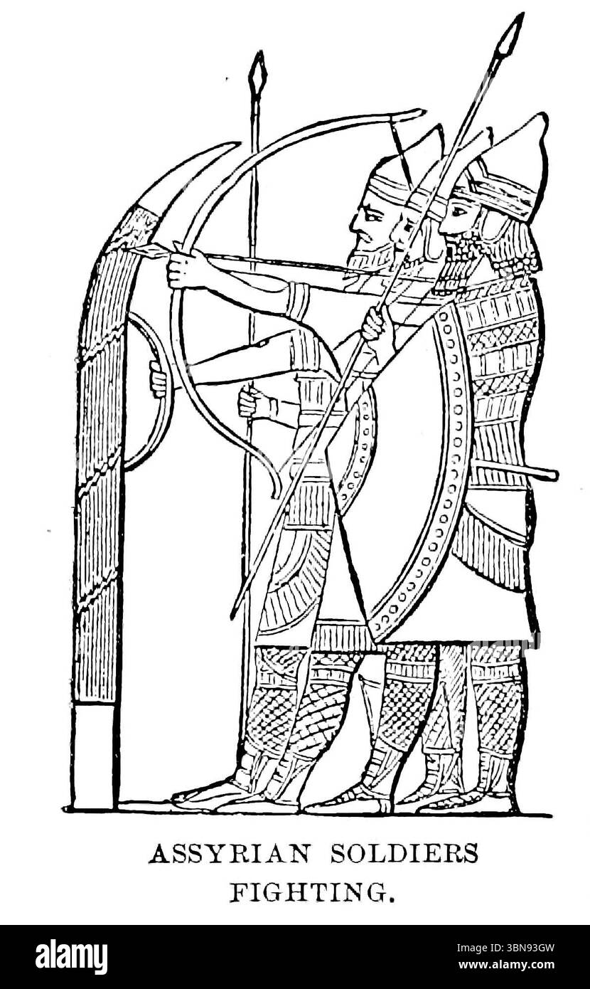 SOLDATS ASSYRIENS COMBATTANT du LIVRE III - Assyrie du volume 9, de l'histoire universelle de Ridpath : un compte rendu de l'origine, de la condition primitive et du développement ethnique des grandes races de l'humanité, et des principaux événements dans l'évolution et le progrès de la vie civilisée entre les hommes et les Nations, à partir de sources récentes et authentiques avec une enquête préliminaire sur le temps, le lieu et la manière du commencement par Ridpath, John Clark, 1840-1900 publié en 1897 Banque D'Images